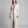 Klaske ribbed knit midi dress with contrast trim in blue, worn by model (AI visualisation)