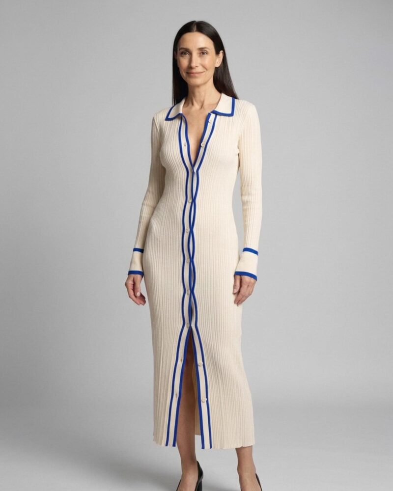Klaske ribbed knit midi dress with contrast trim in blue, worn by model (AI visualisation)