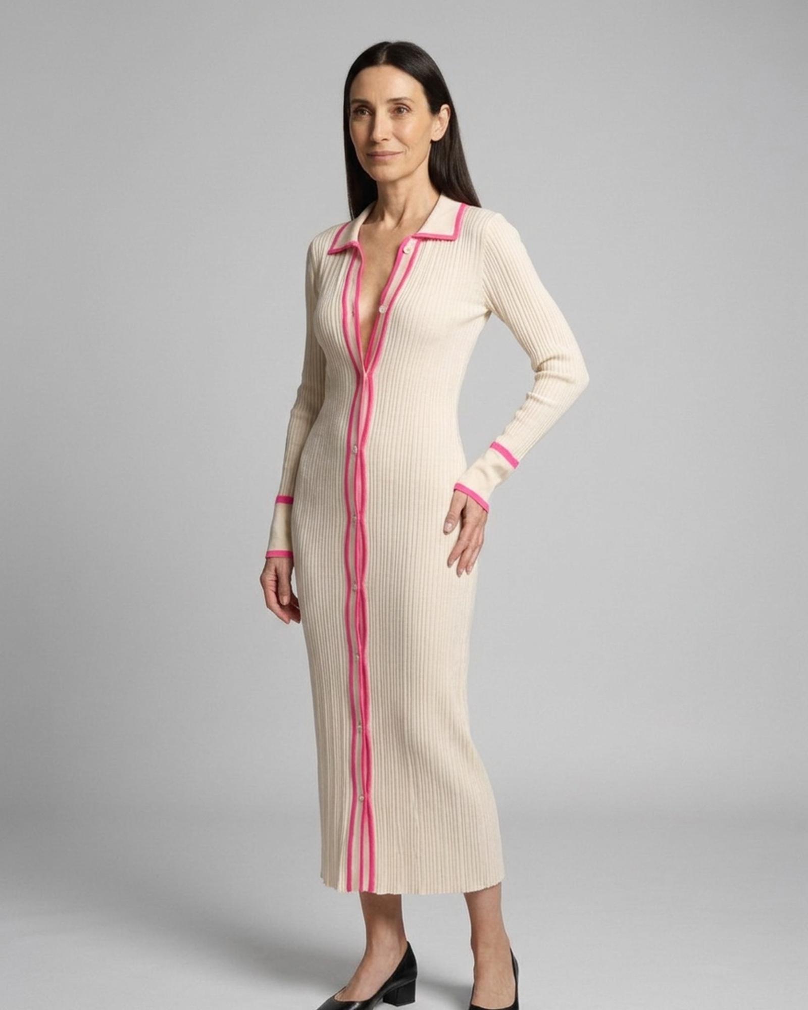 Klaske ribbed knit midi dress with contrast trim in rose red, worn by model (AI visualisation)
