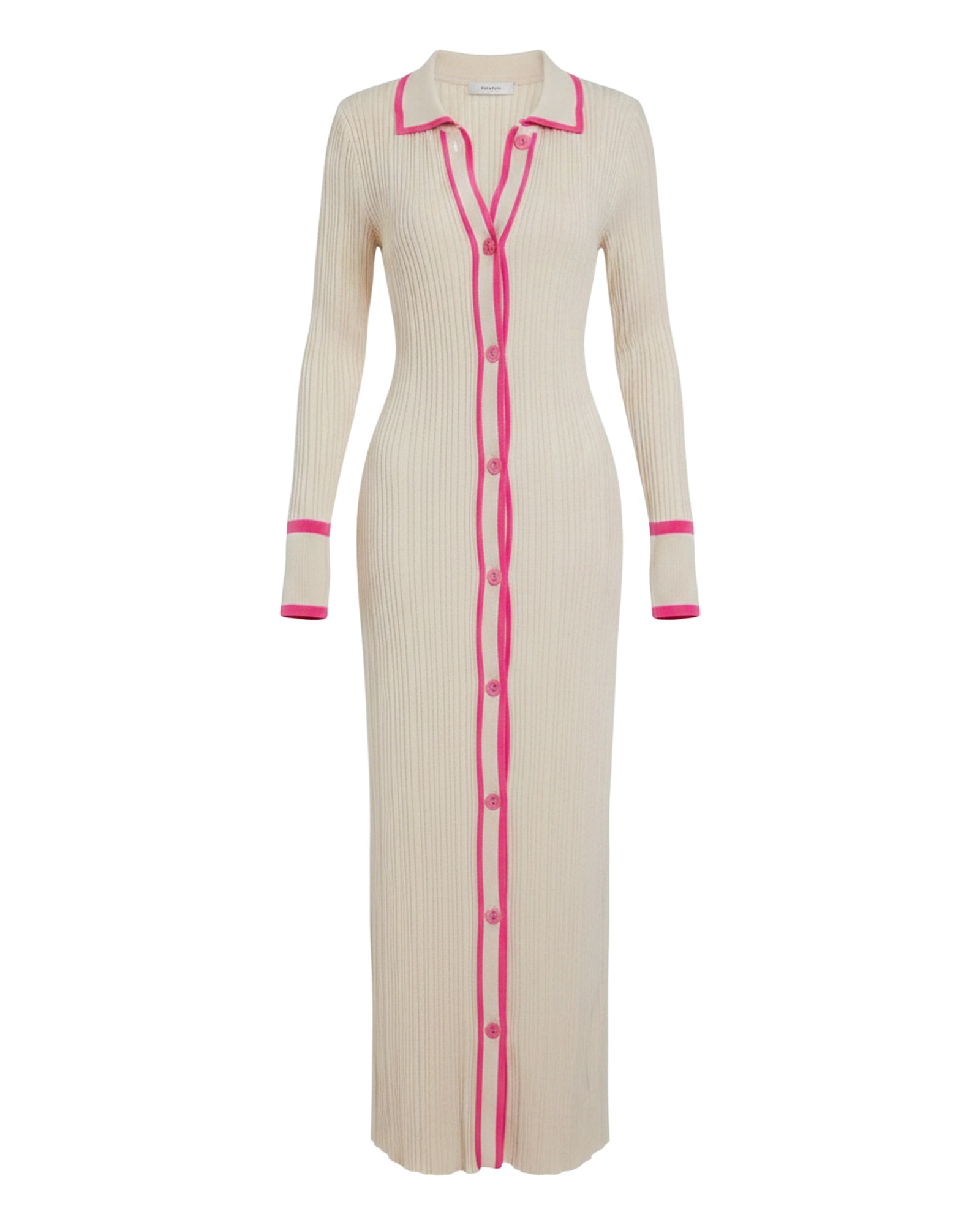 Klaske cream ribbed knit button-front midi dress, front view (AI visualisation)