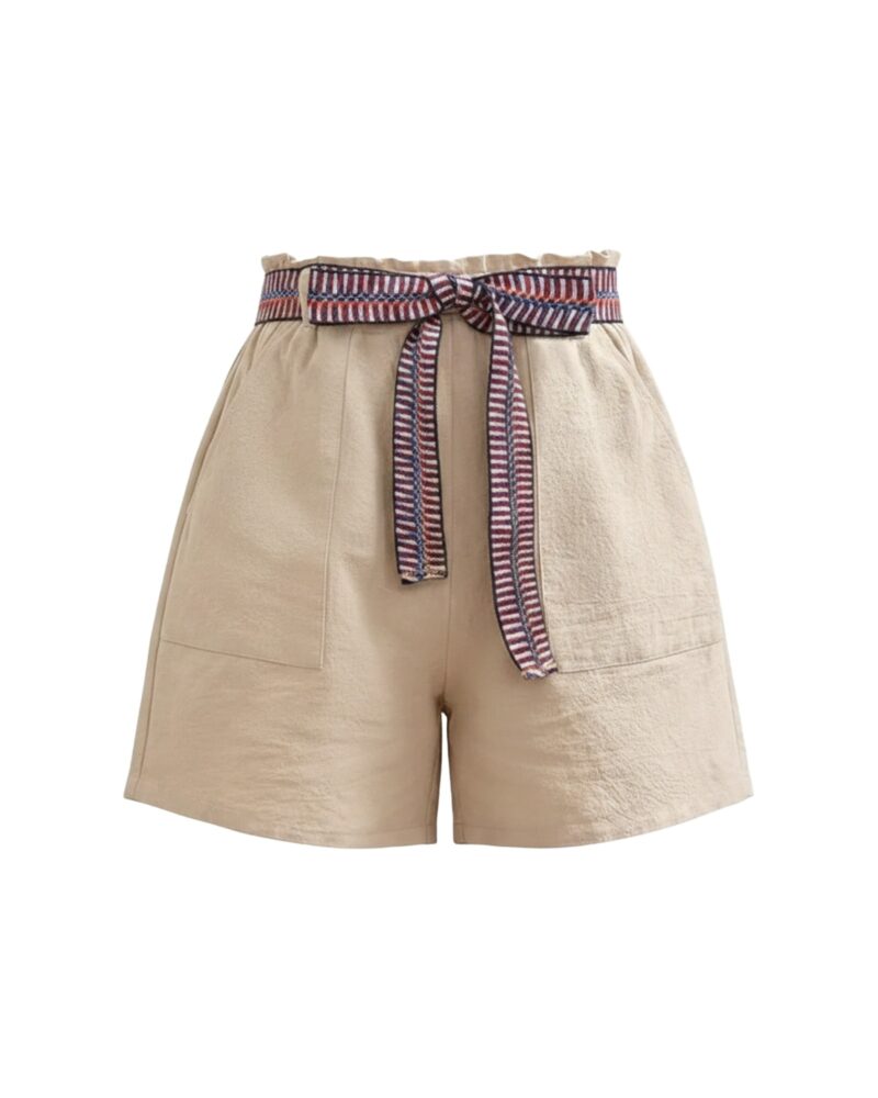 Lieneke · Paperbag tie-belt shorts — product front (AI visualisation)