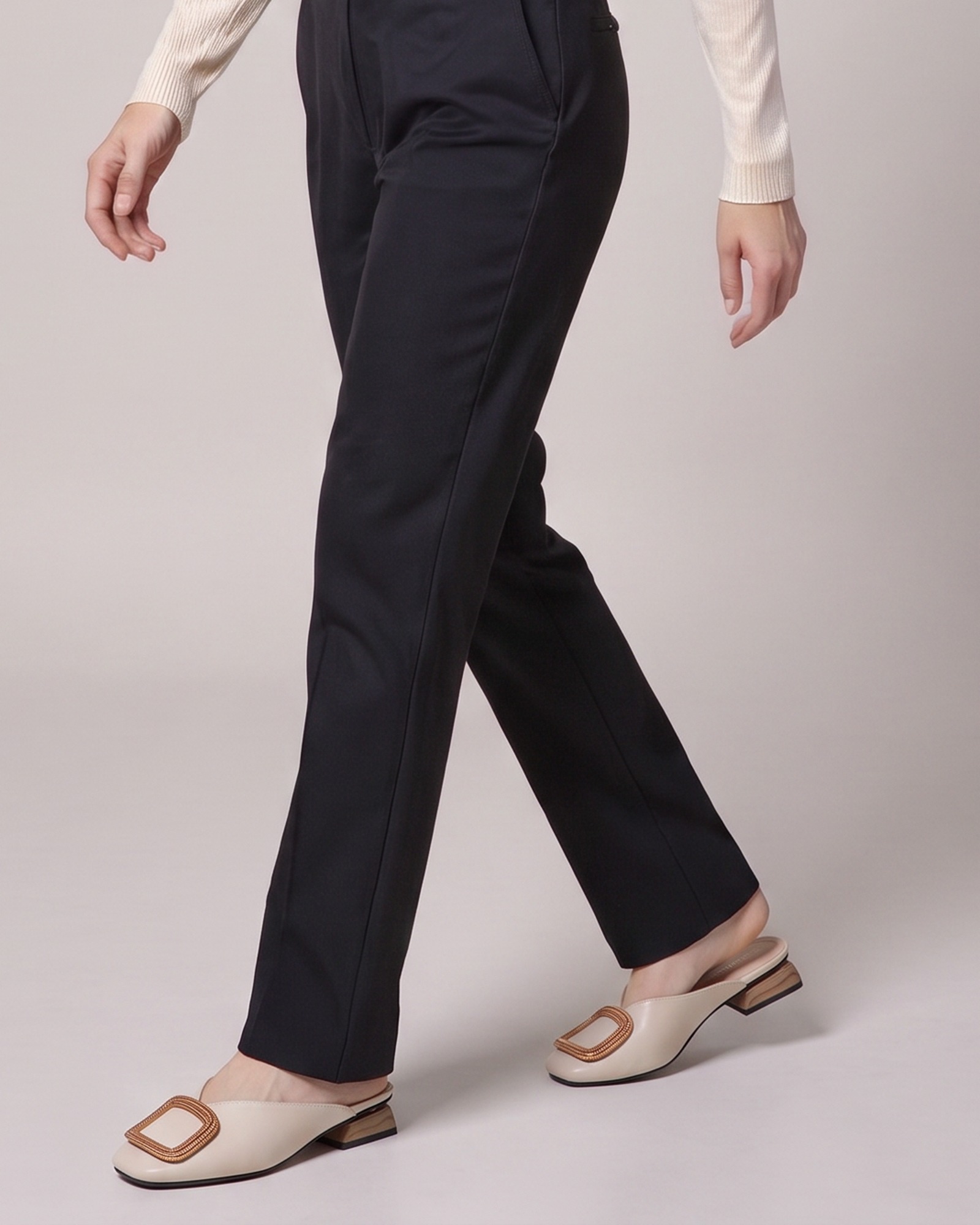Lieuwkje square-toe block-heel mule, worn on model — lower-body view (AI visualisation)