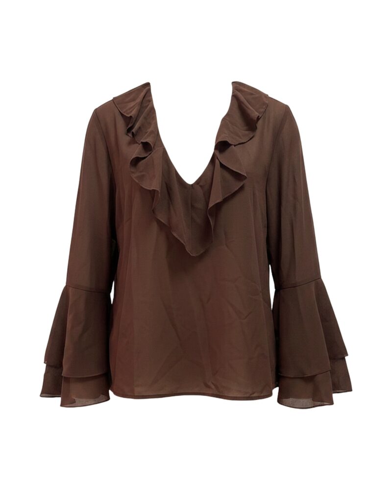 Lise · Ruffle V-neck long-sleeve blouse — product front (AI visualisation)