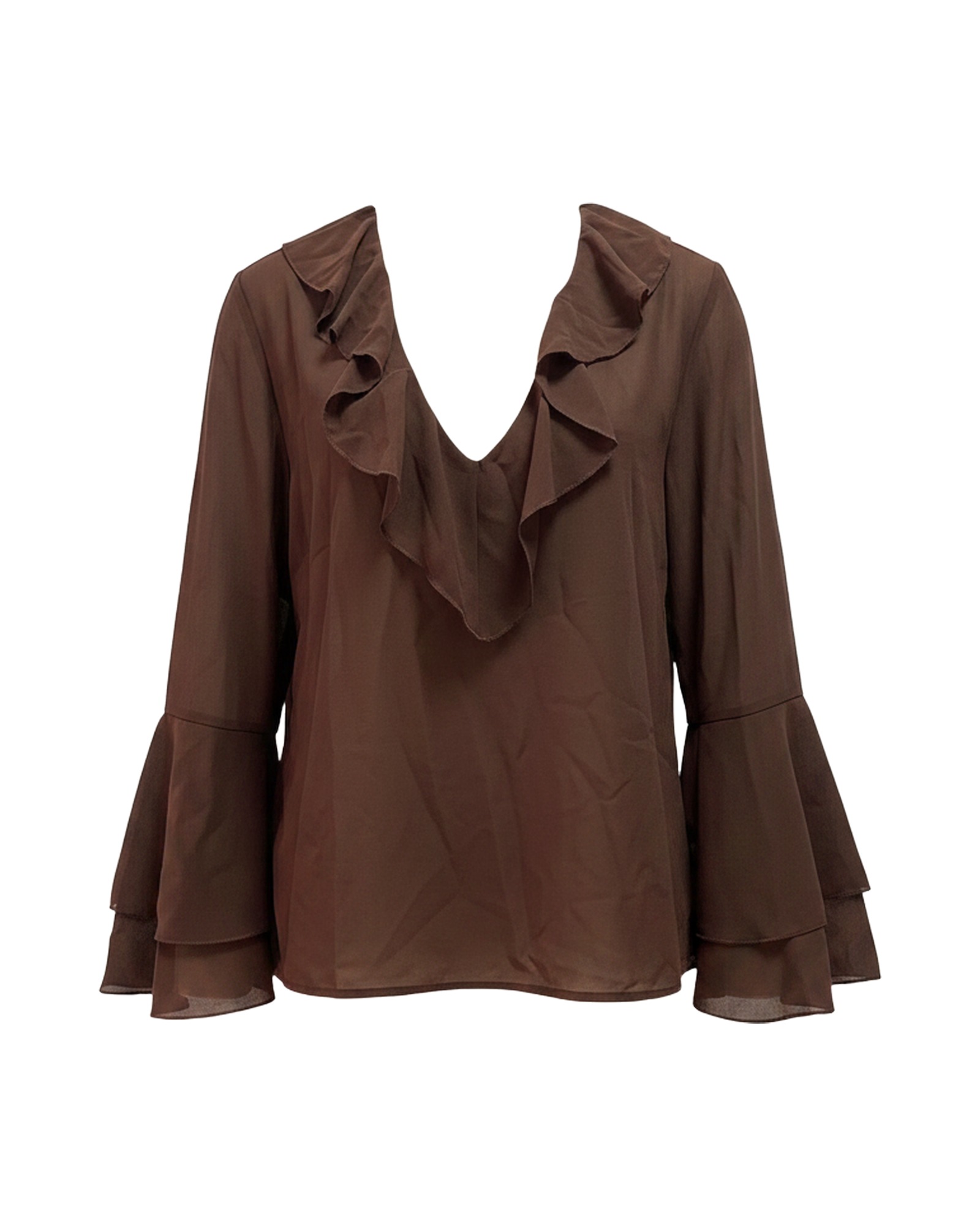 Lise · Ruffle V-neck long-sleeve blouse — product front (AI visualisation)