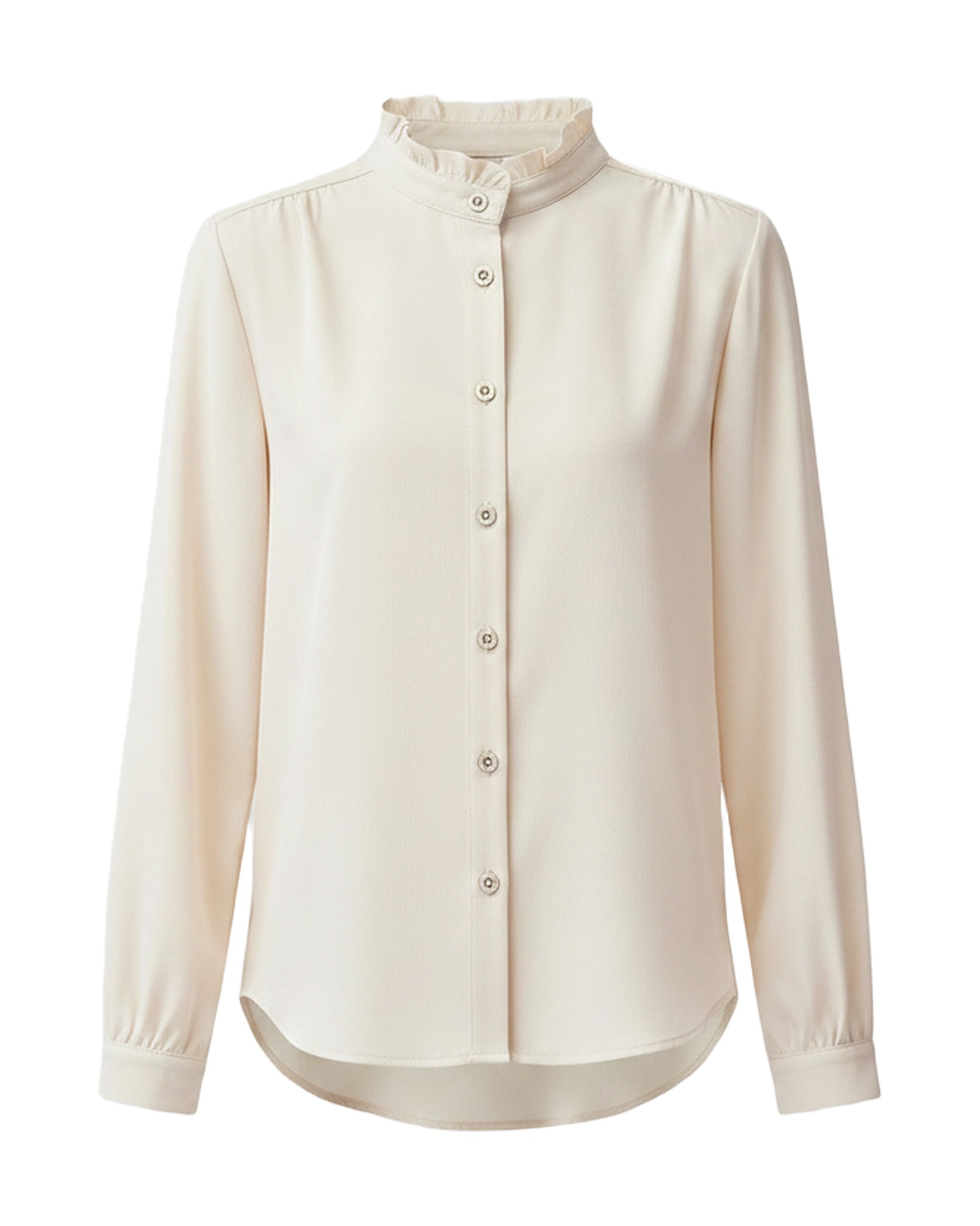 Maaike · Ruffle stand-collar chiffon blouse — product front (AI visualisation)