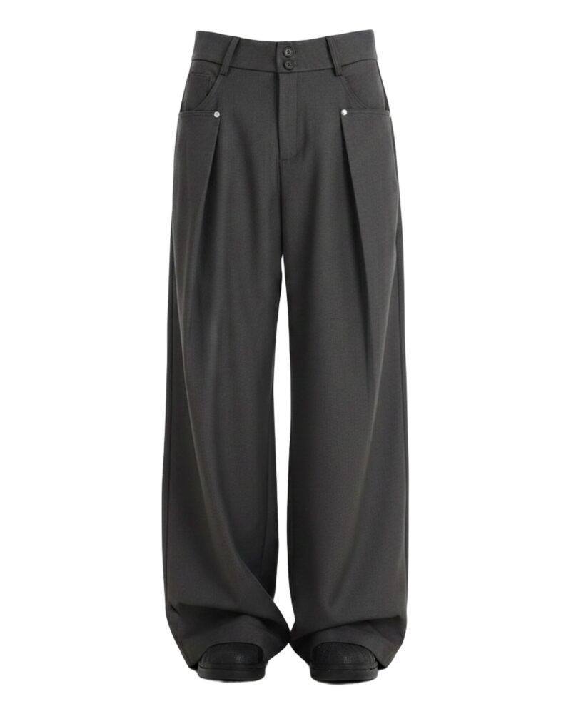 Maartje charcoal pleated wide-leg trousers, front view (AI visualisation)