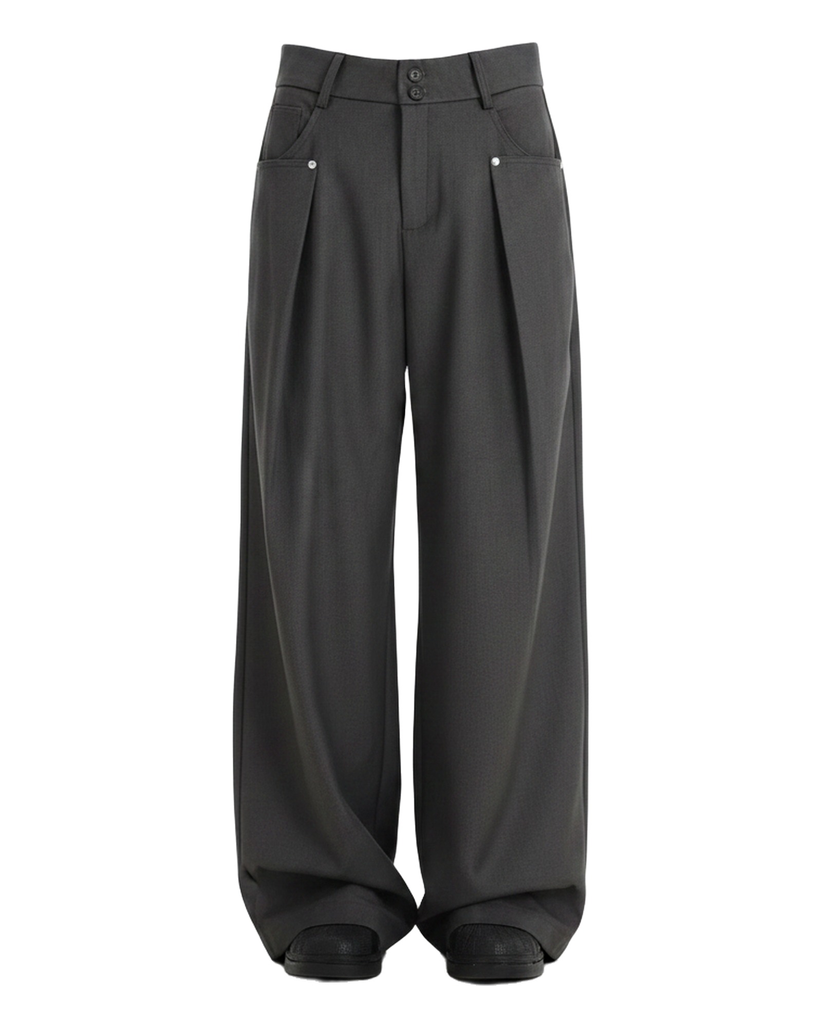 Maartje charcoal pleated wide-leg trousers, front view (AI visualisation)