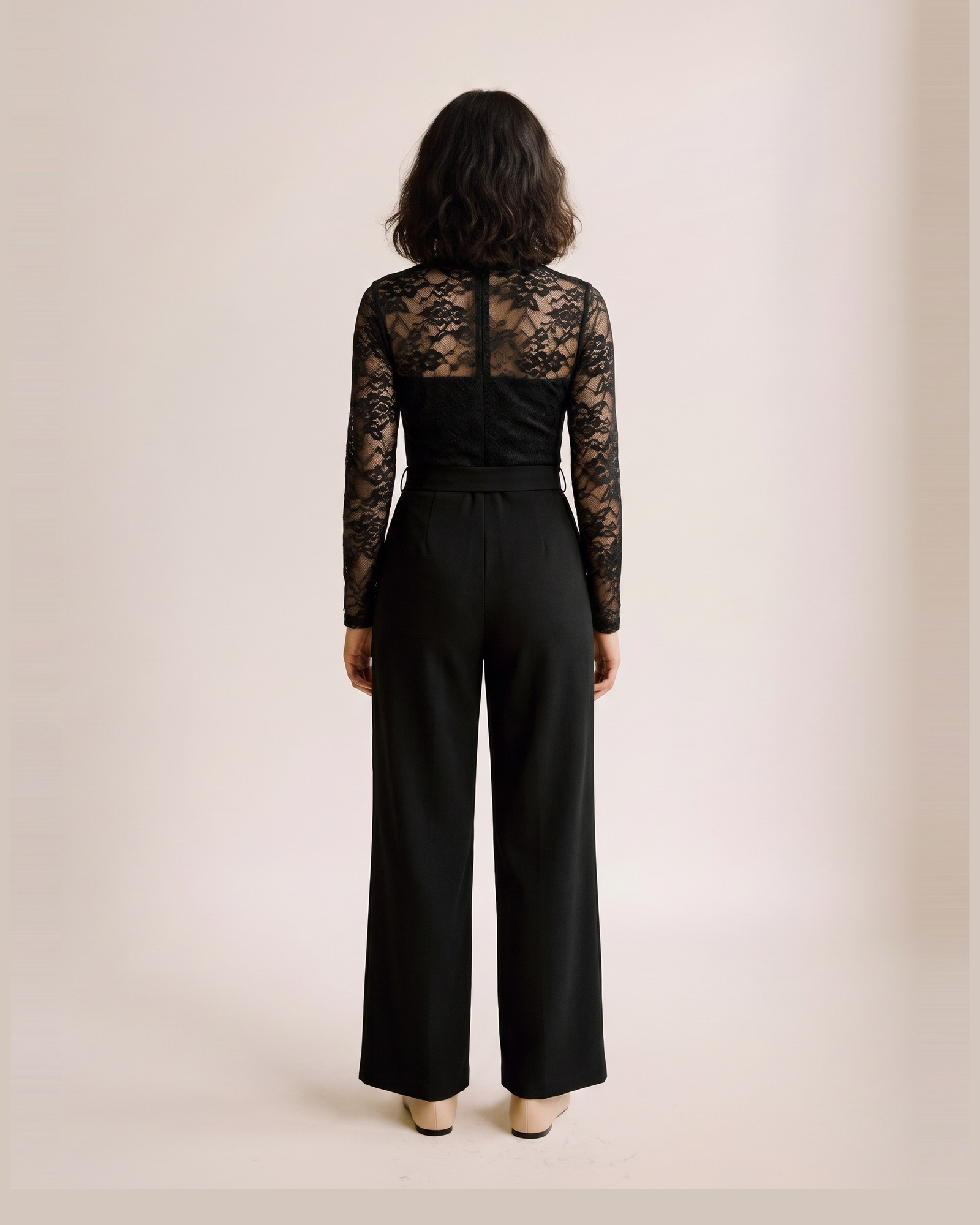 Marianne Lace Panel Belted Jumpsuit — on model, back (AI visualisation)