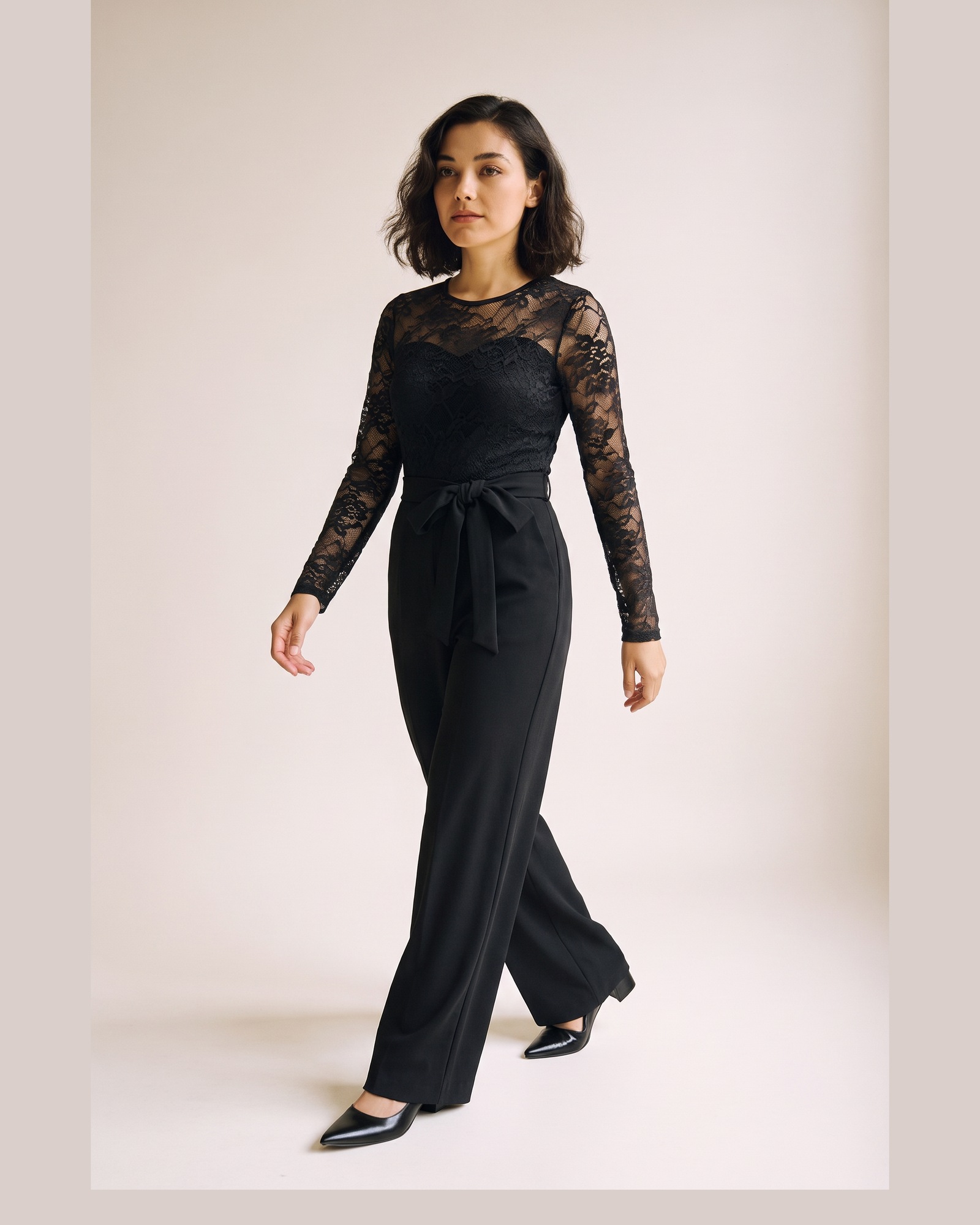 Marianne Lace Panel Belted Jumpsuit — on model, front (AI visualisation)