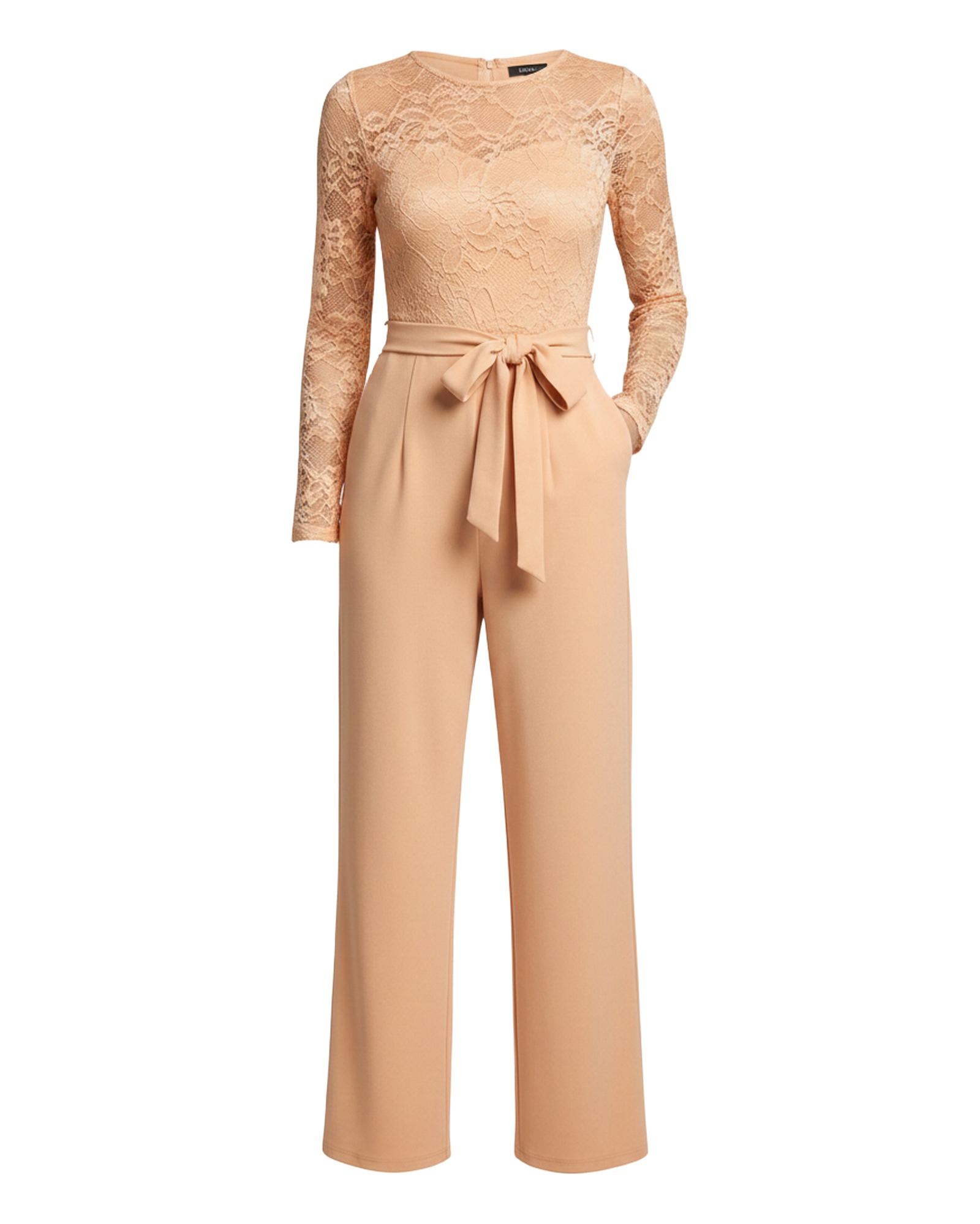 Marianne Lace Panel Belted Jumpsuit — Apricot, on model