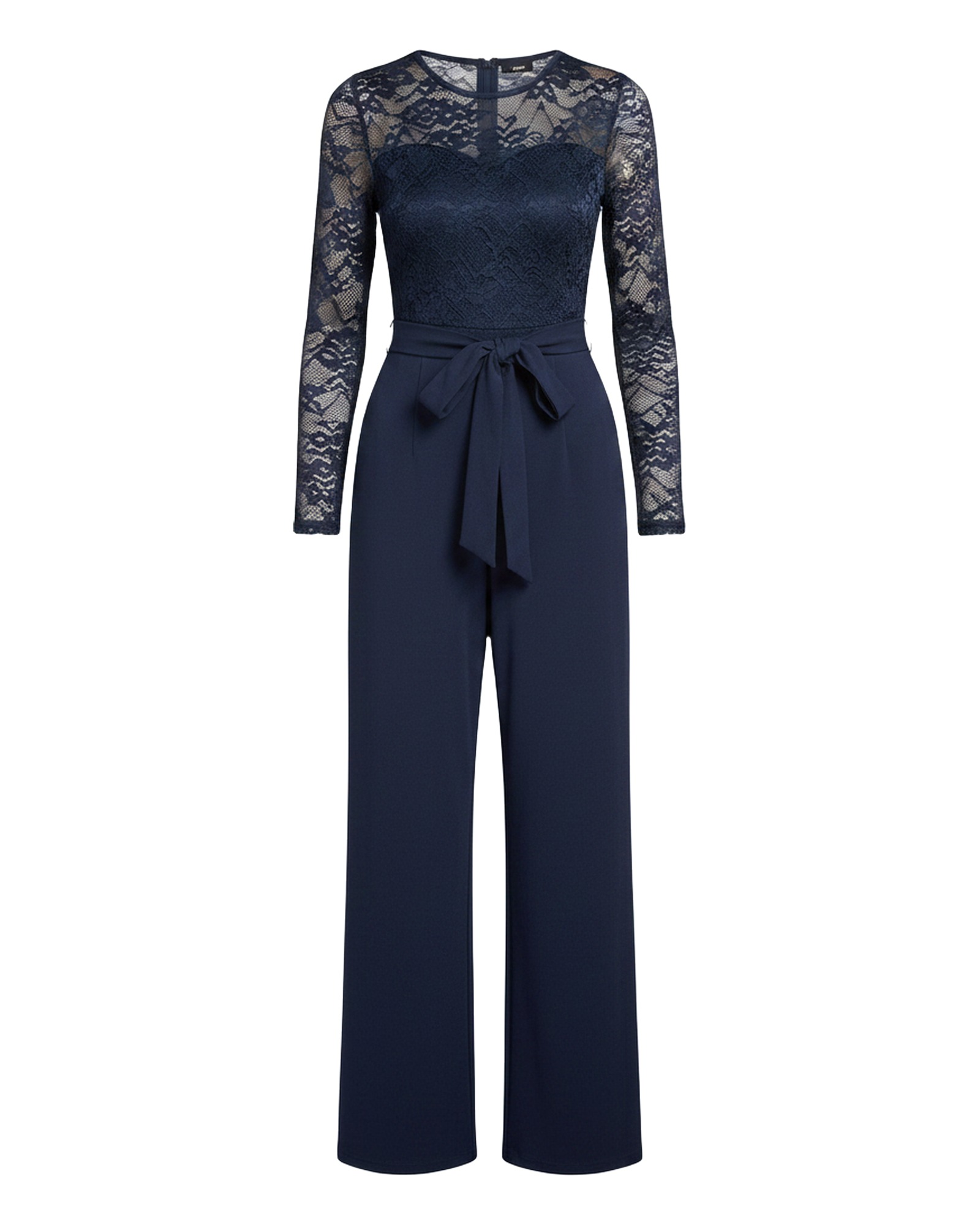 Marianne Lace Panel Belted Jumpsuit — Navy Blue, on model