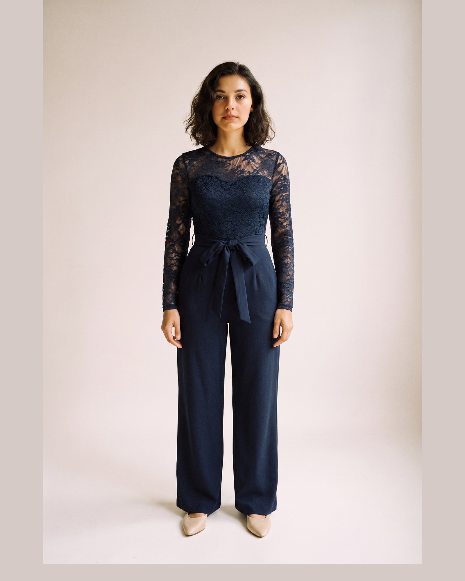 Marianne Lace Panel Belted Jumpsuit — Navy Blue, on model (AI visualisation)