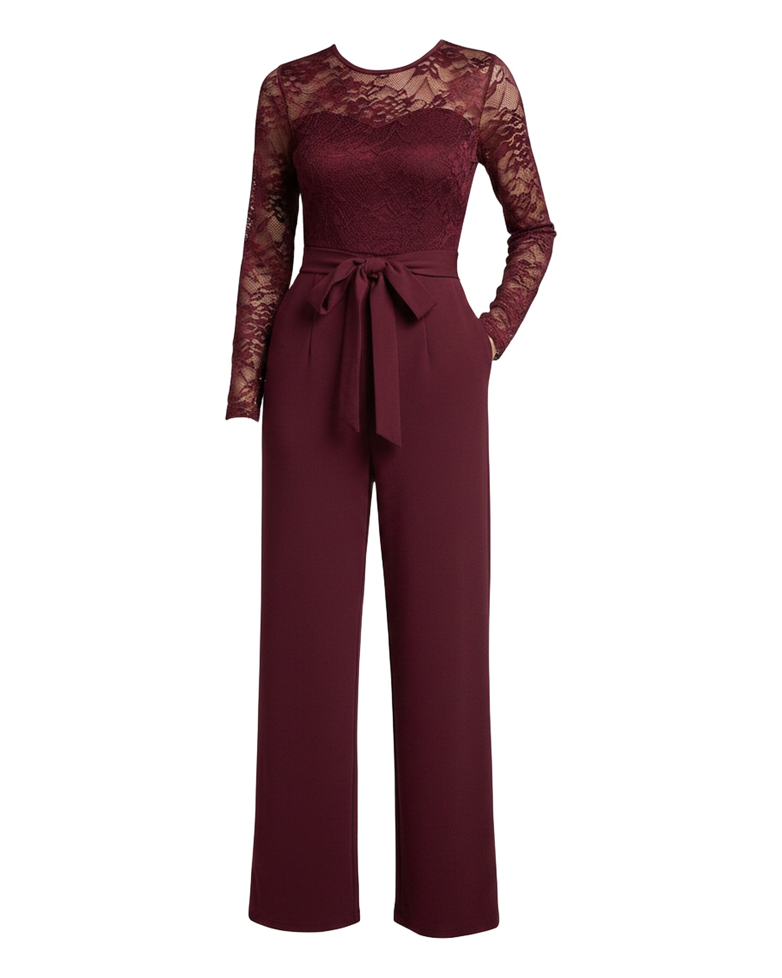 Marianne Lace Panel Belted Jumpsuit — Wine Red, on model