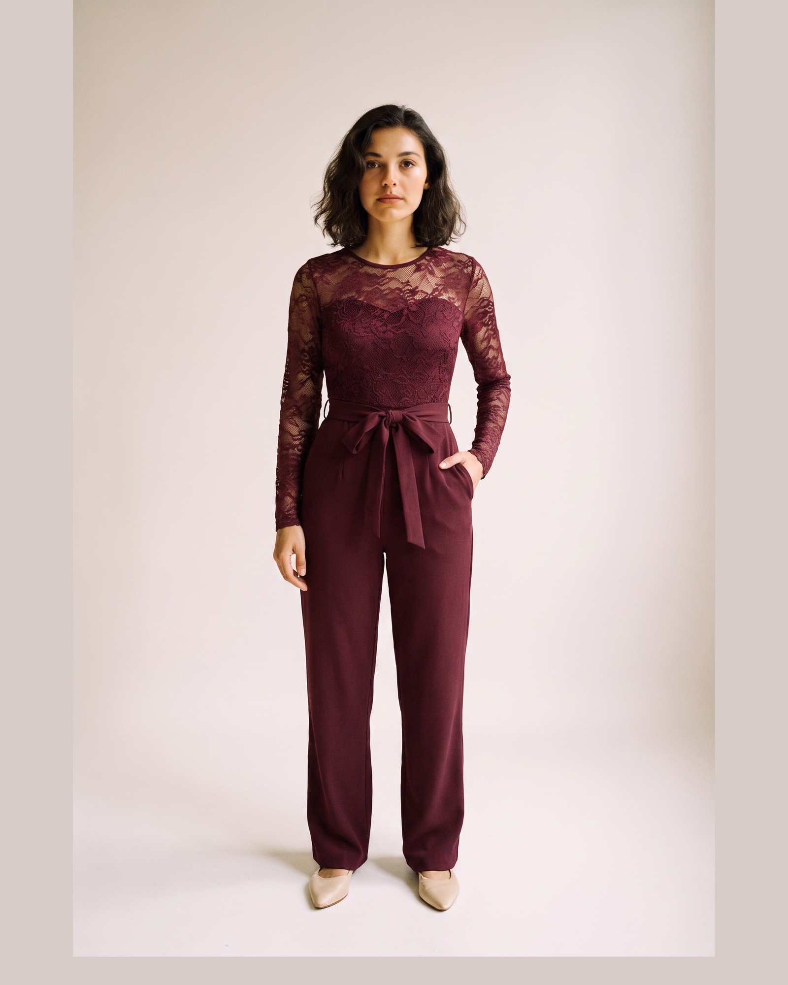 Marianne Lace Panel Belted Jumpsuit — Wine Red, on model (AI visualisation)