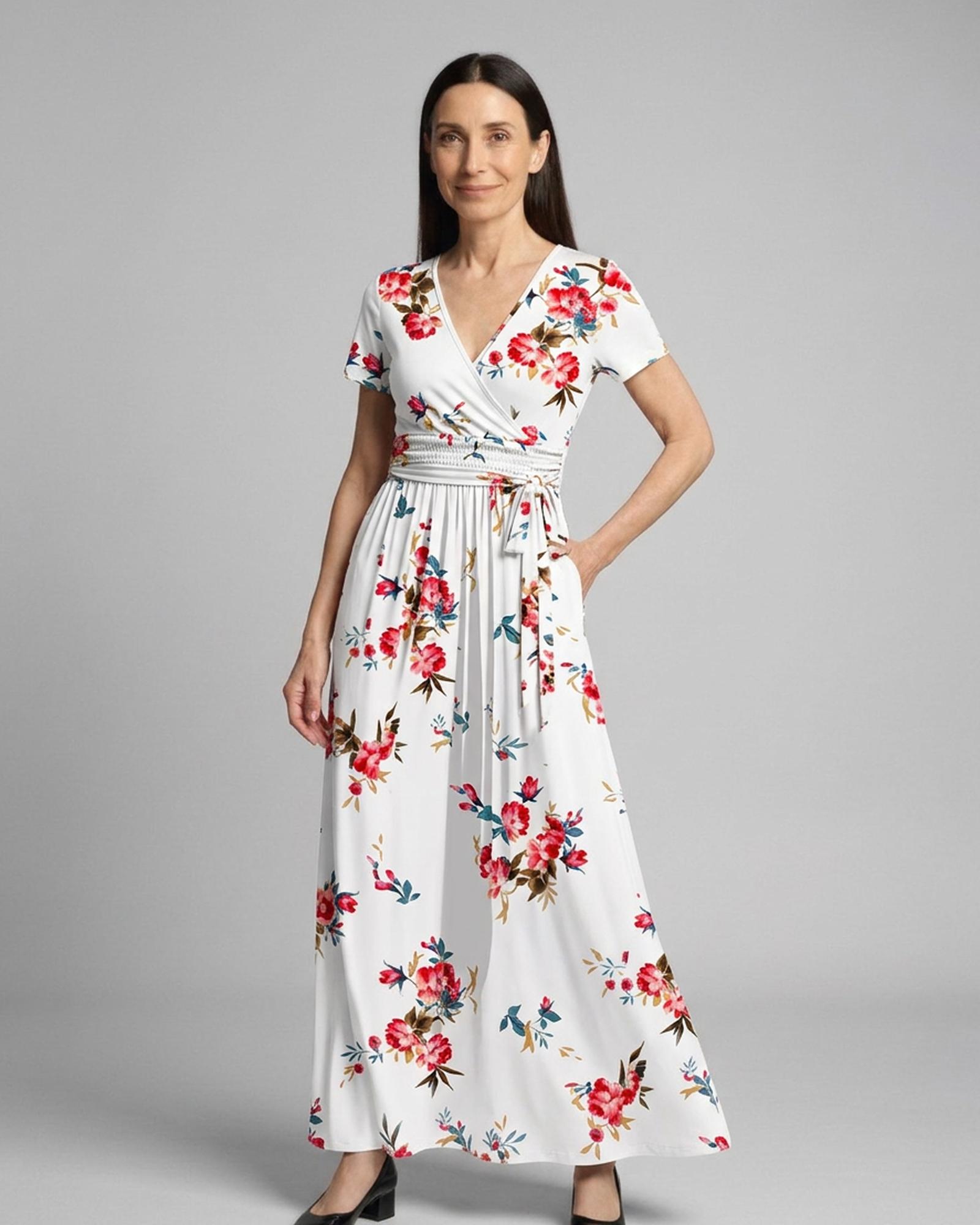 Marijke weißes Blumenprint-Wickel-Maxikleid, Vorderansicht (KI-Visualisierung)
