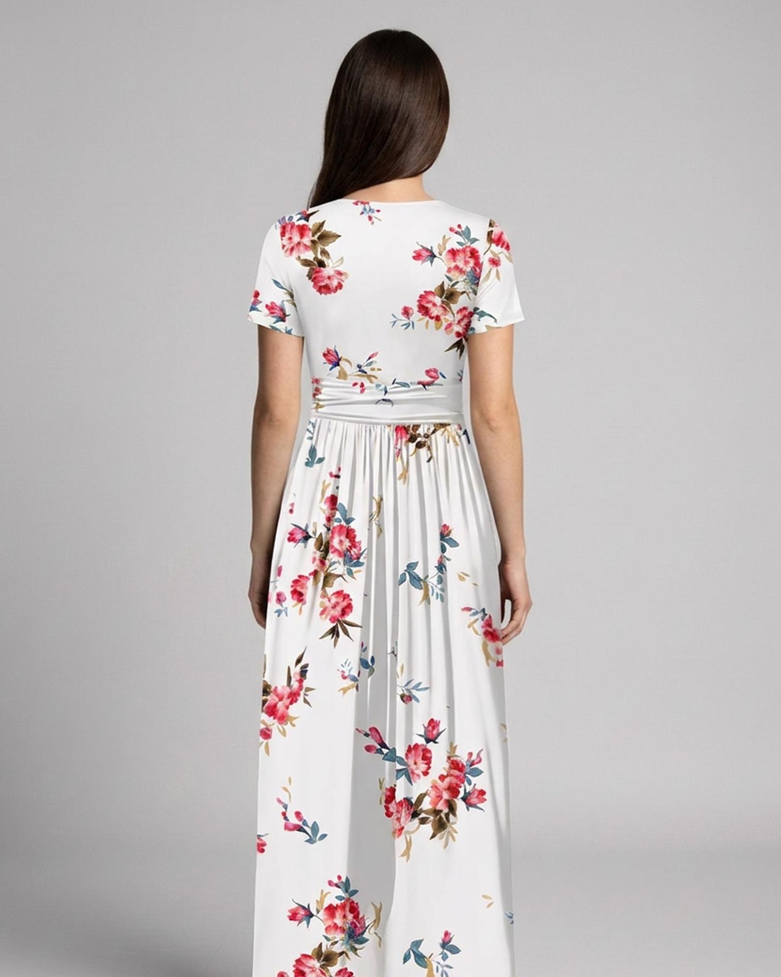 Marijke floral print wrap maxi dress — model back view (AI visualisation)