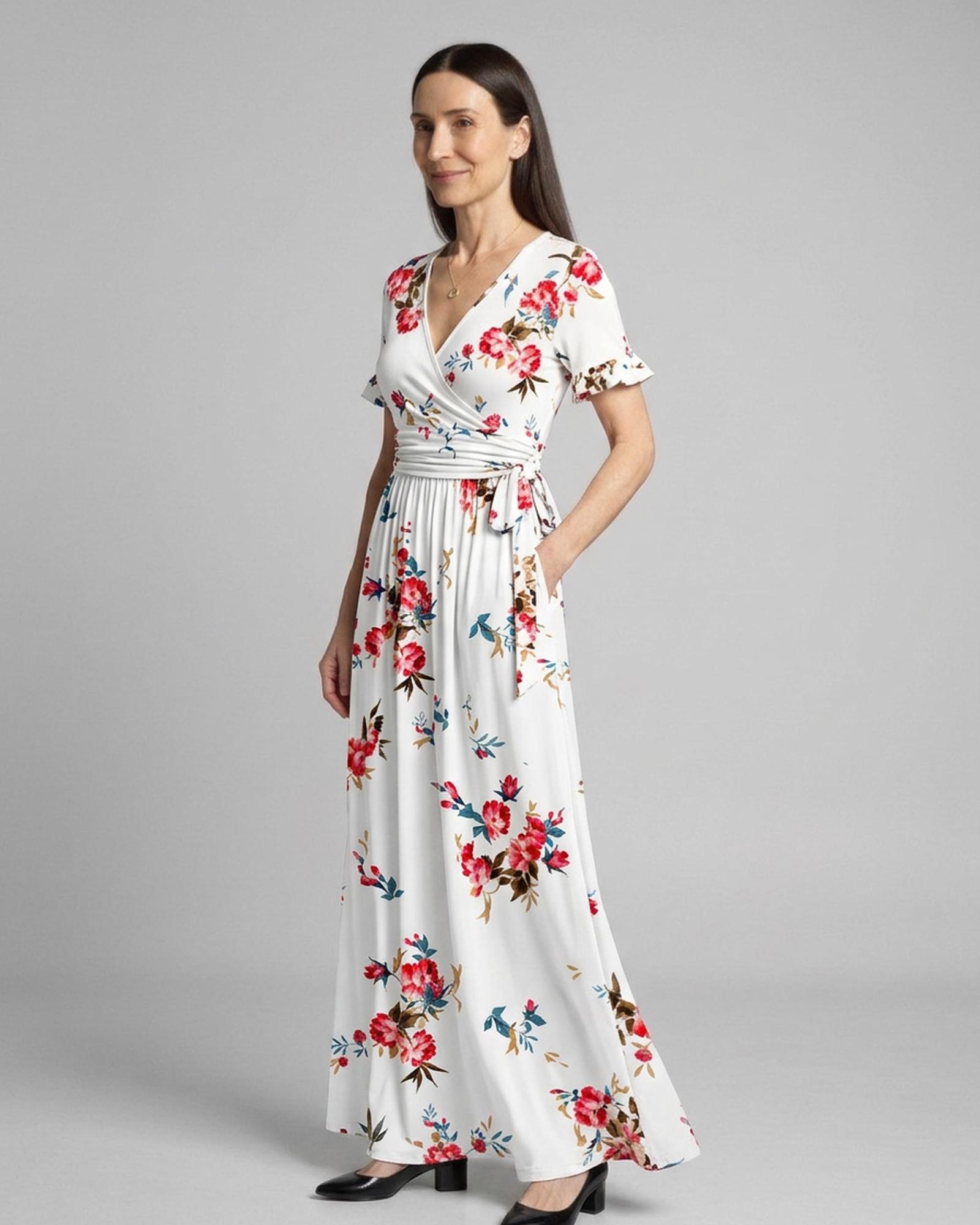 Marijke white floral print wrap maxi dress, three-quarter view (AI visualisation)