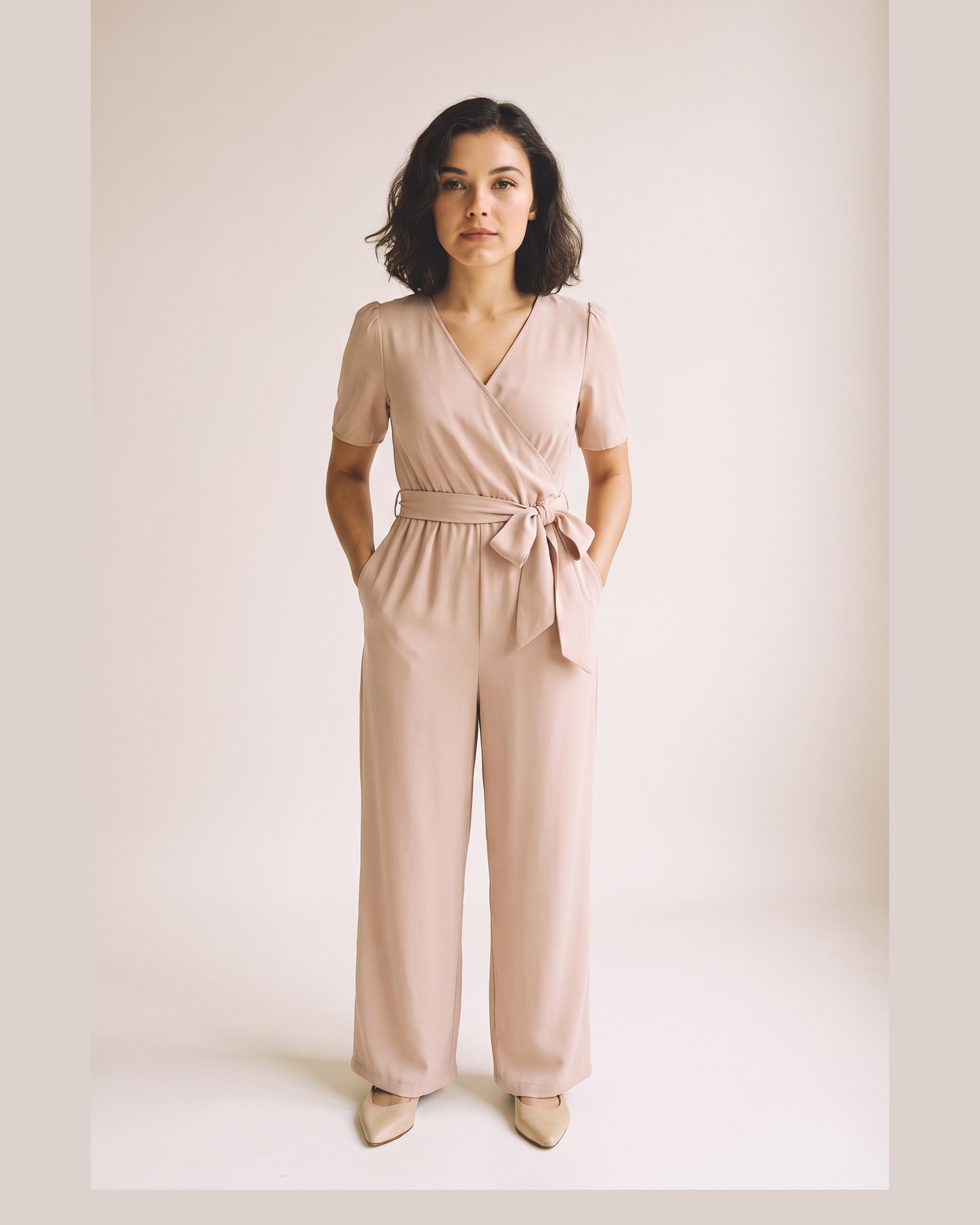 Mariska Tie Waist Short Sleeve Jumpsuit — on model, front (AI visualisation)