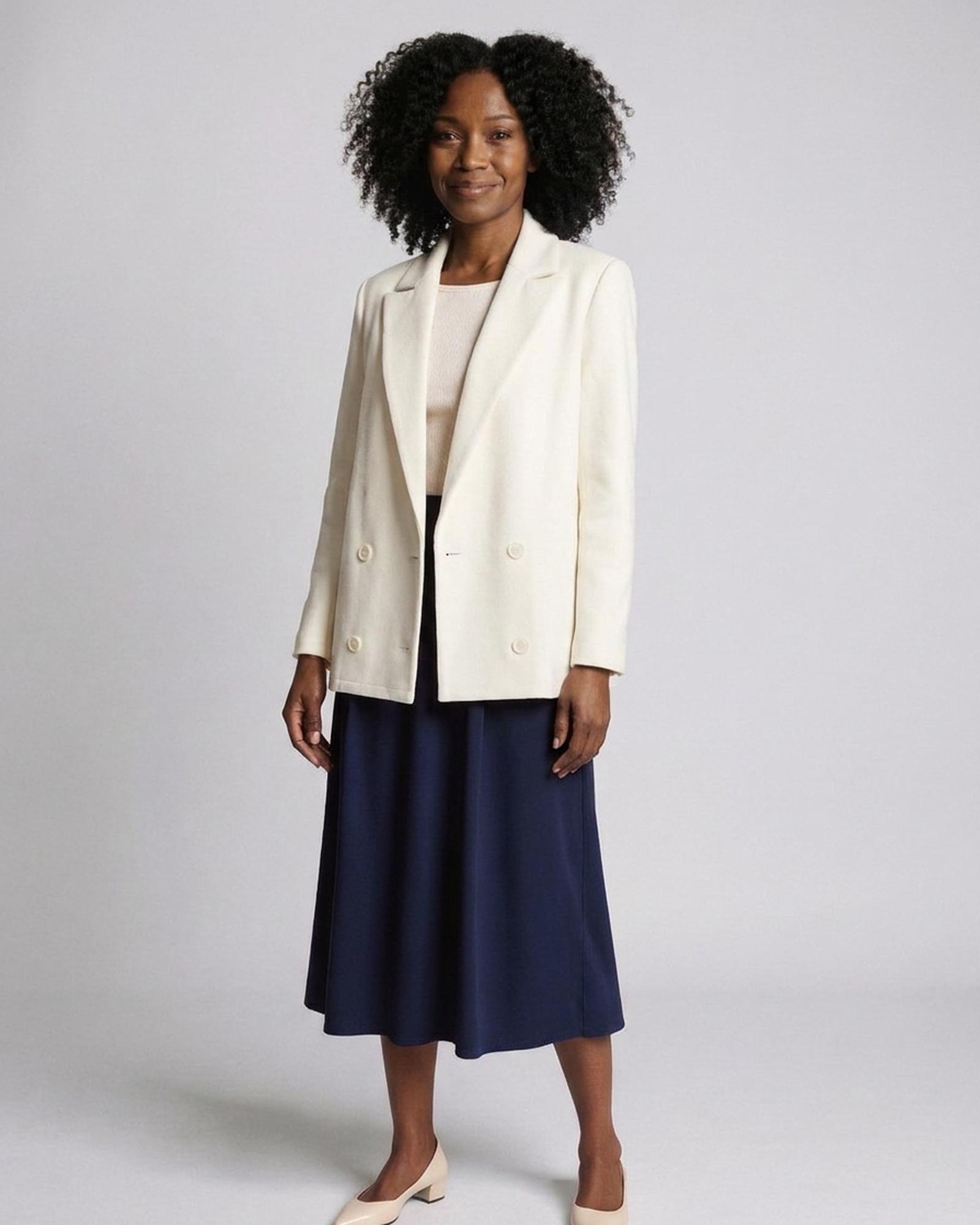 Marleen ivory wool double-breasted blazer with notch lapel and four self-fabric buttons, front view (AI visualisation)