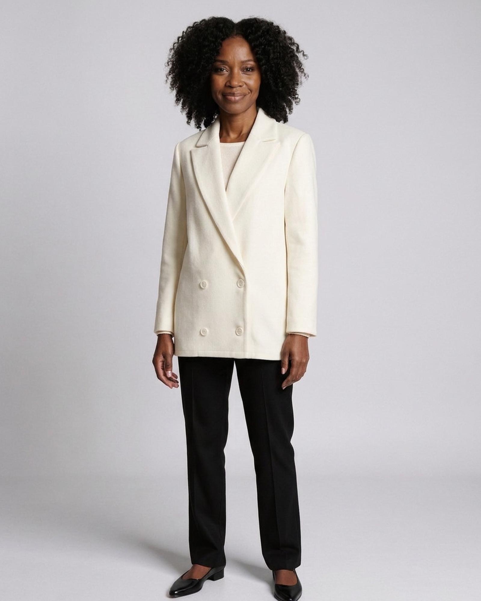 Marleen ivory wool double-breasted blazer with notch lapel and four self-fabric buttons, three-quarter view (AI visualisation)