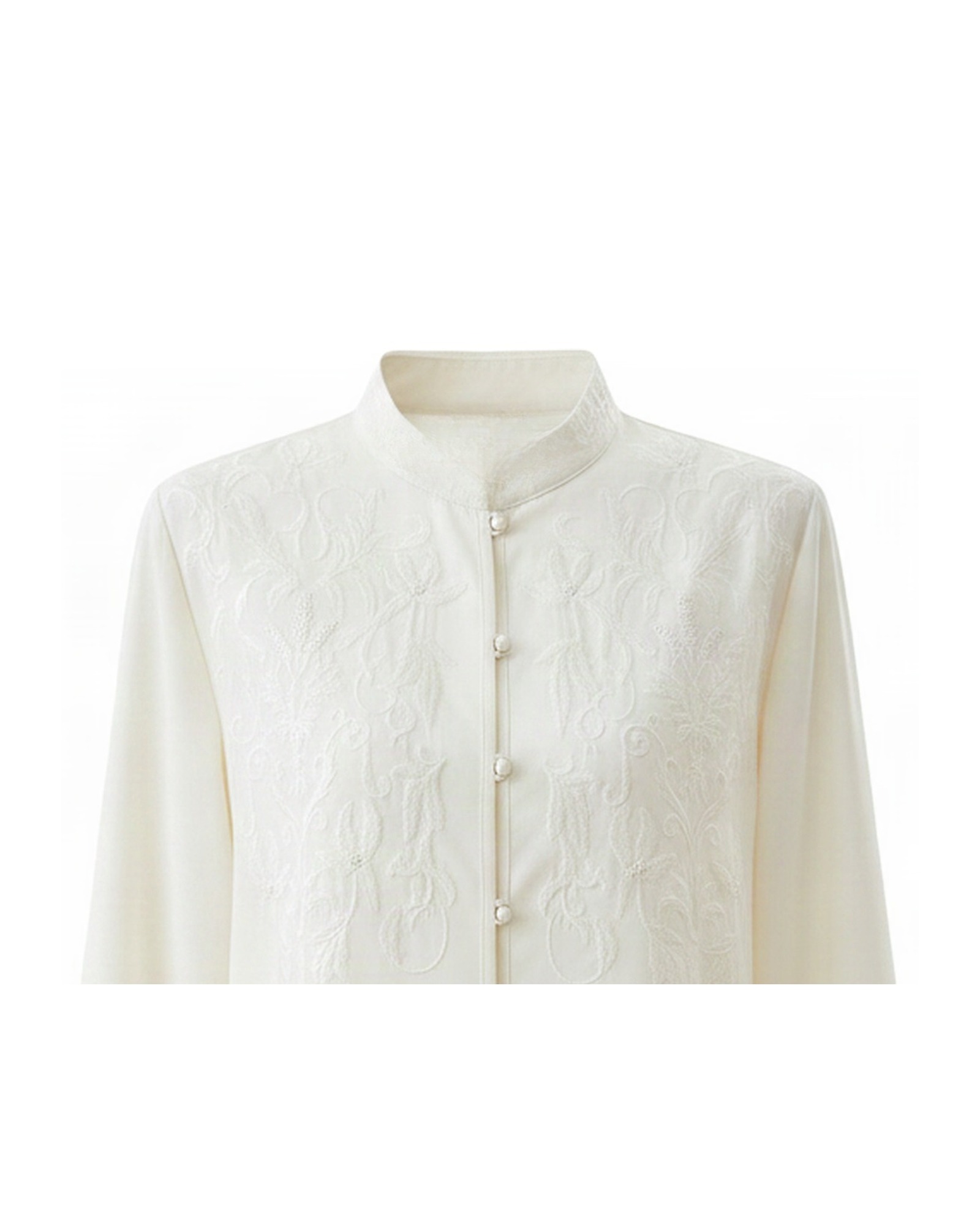Meike · Embroidered chiffon blouse — fabric detail (AI visualisation)