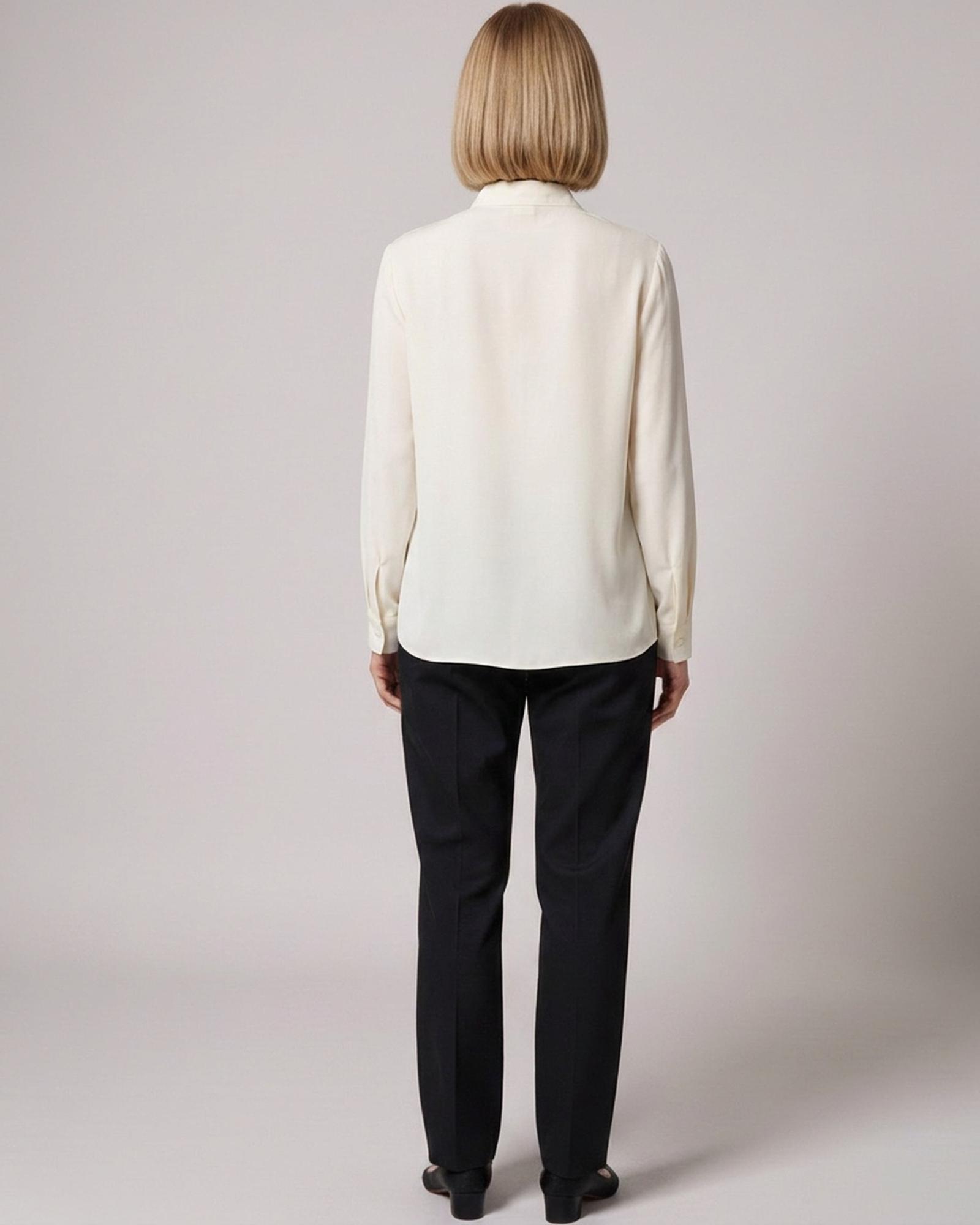 Meike · Embroidered chiffon blouse — on model, back (AI visualisation)