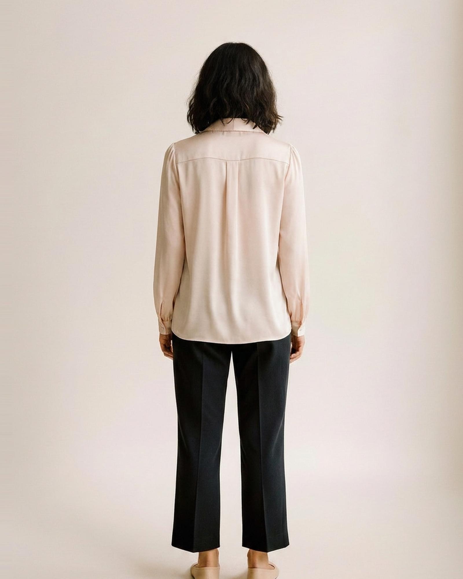 Mirthe · Chiffon blouse with ribbon tie — on model, back (AI visualisation)