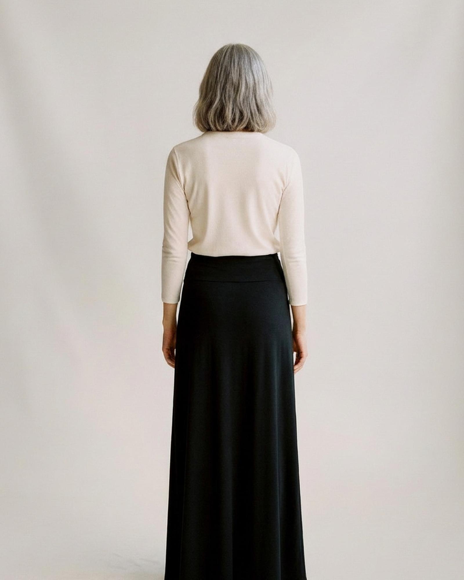 Nadia black jersey straight maxi skirt — model back view (AI visualisation)