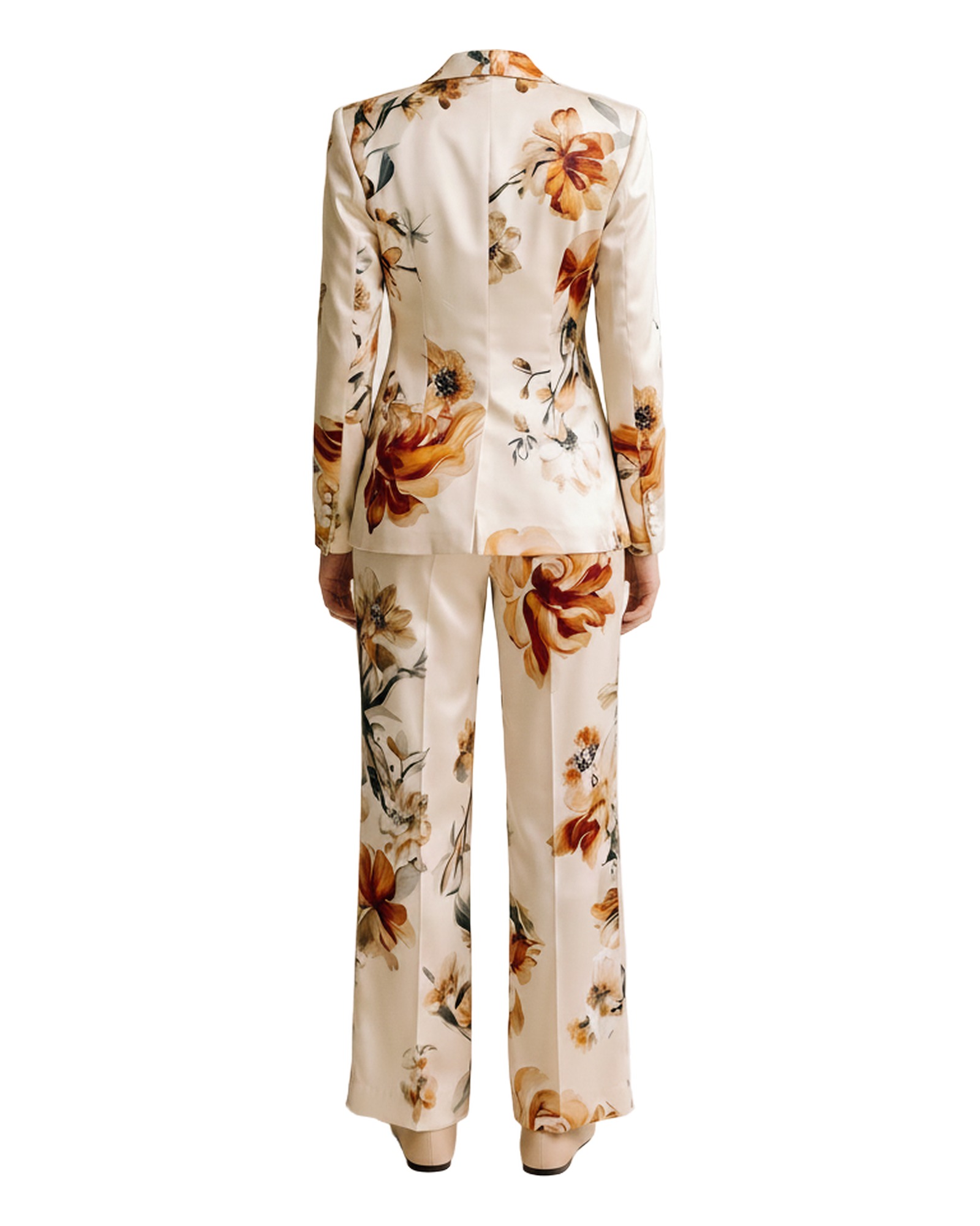 Neeltje floral satin blazer and trouser set — productachteraanzicht (AI-visualisatie)