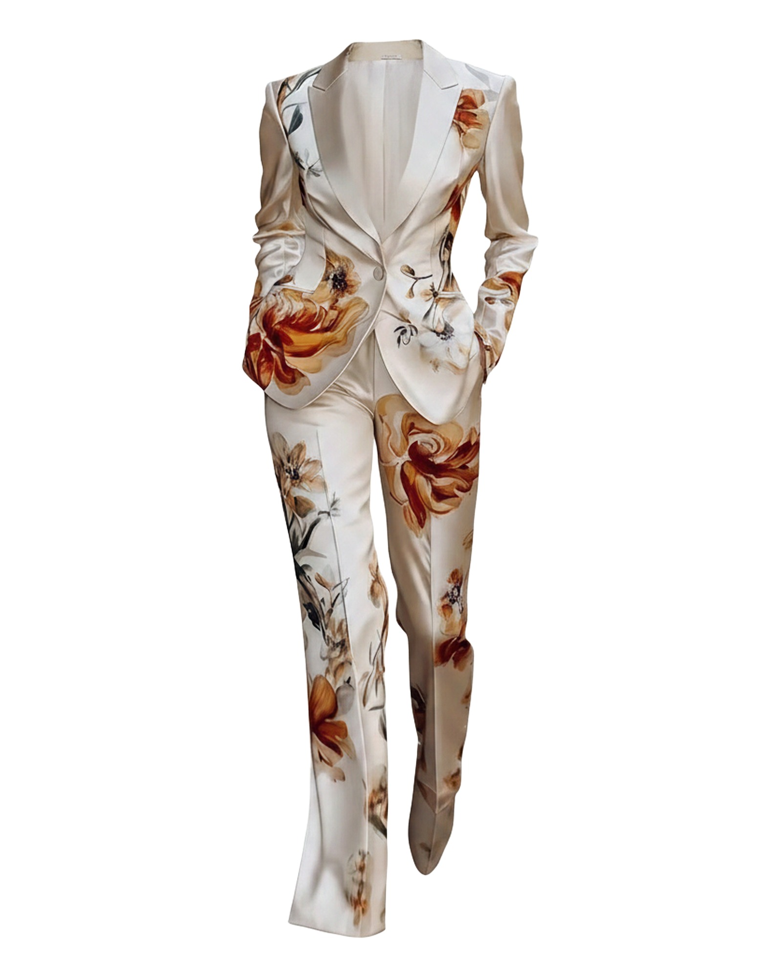 Neeltje floral satin blazer and trouser set — productvooraanzicht (AI-visualisatie)