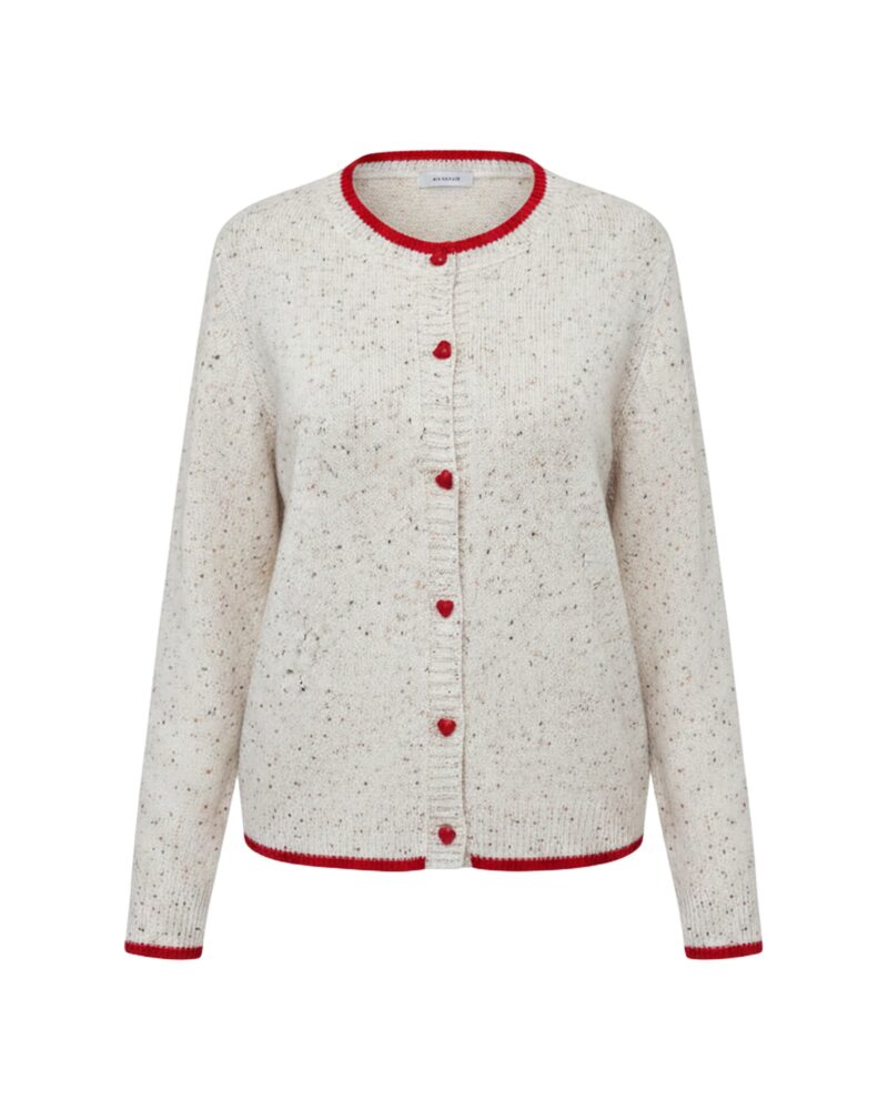 Nel cream fleck-knit colour-block cardigan, front view — red contrast trim and red heart buttons (AI visualisation)