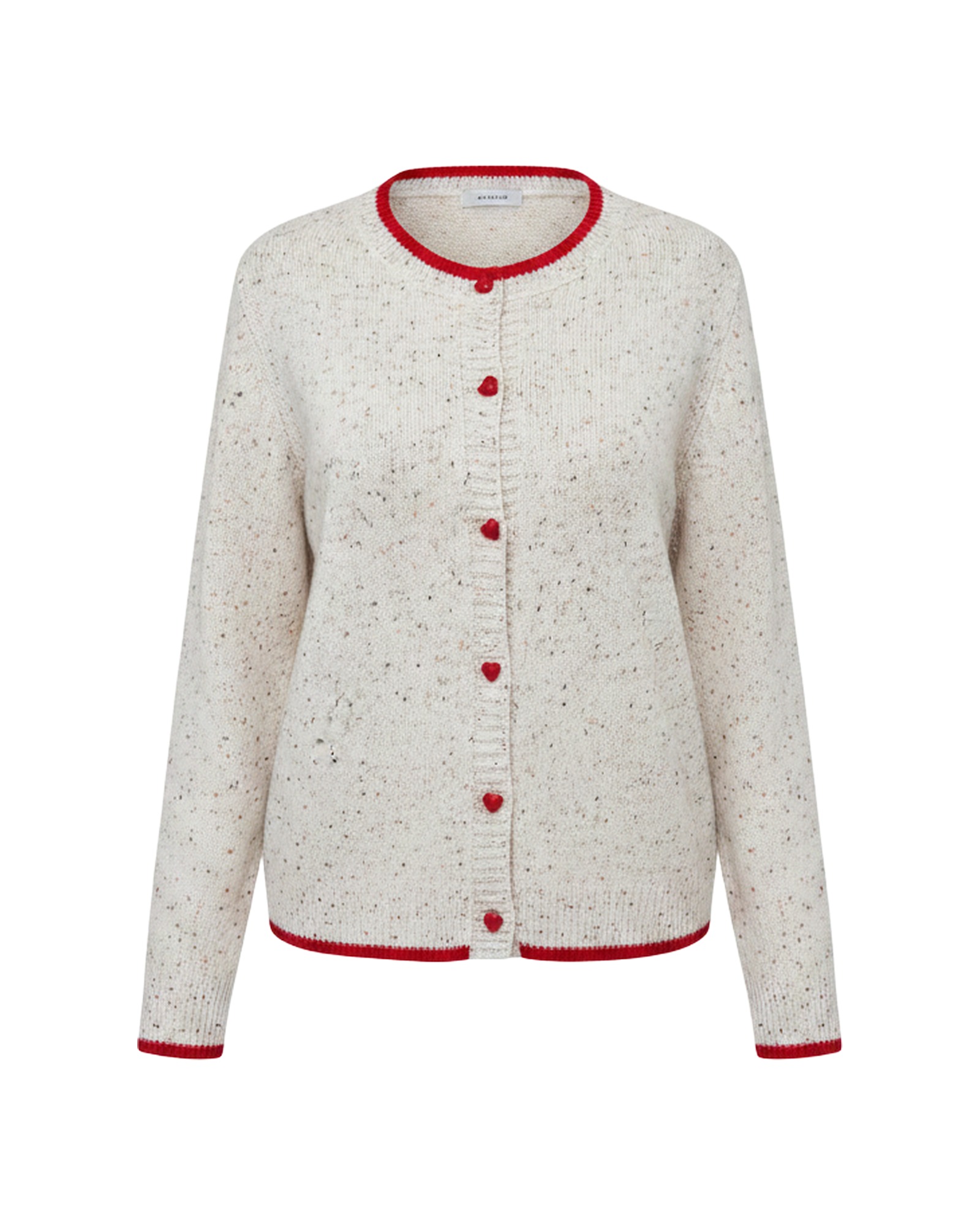 Nel cream fleck-knit colour-block cardigan, front view — red contrast trim and red heart buttons (AI visualisation)
