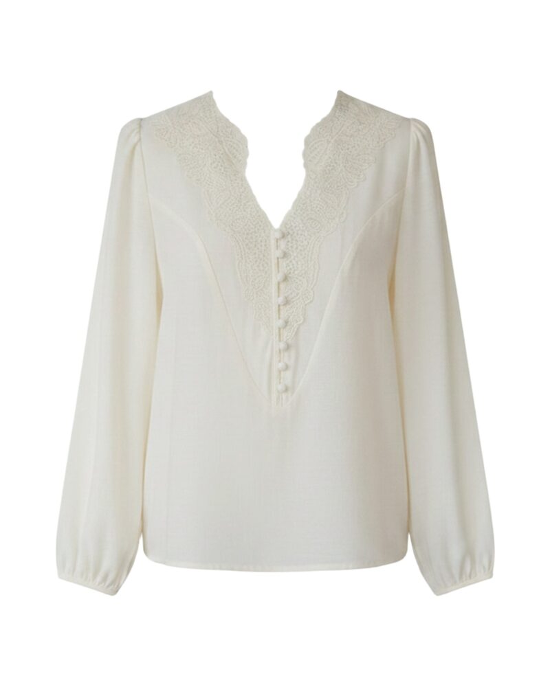 Nienke · Embroidered lace V-neck blouse — product front (AI visualisation)
