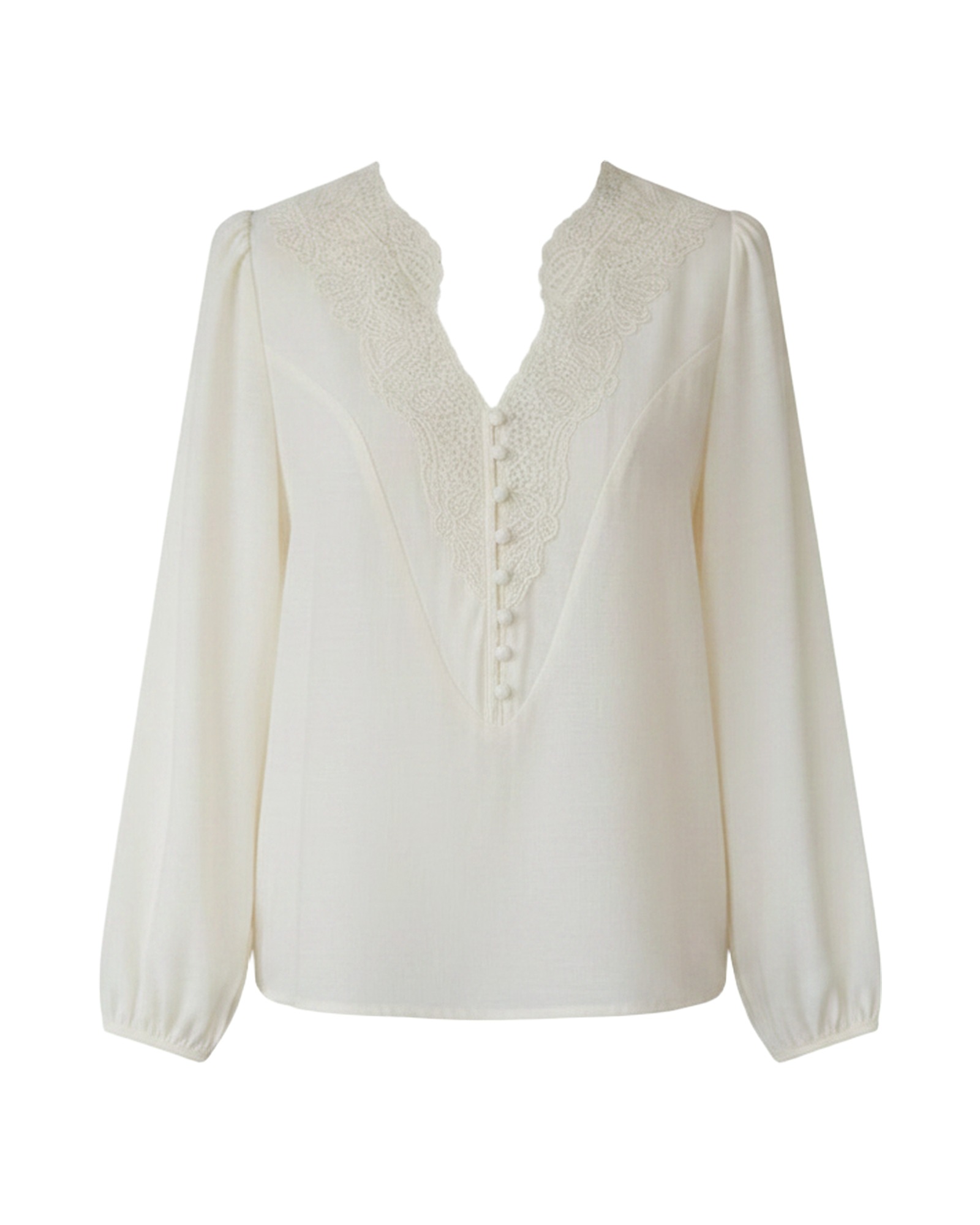 Nienke · Embroidered lace V-neck blouse — product front (AI visualisation)
