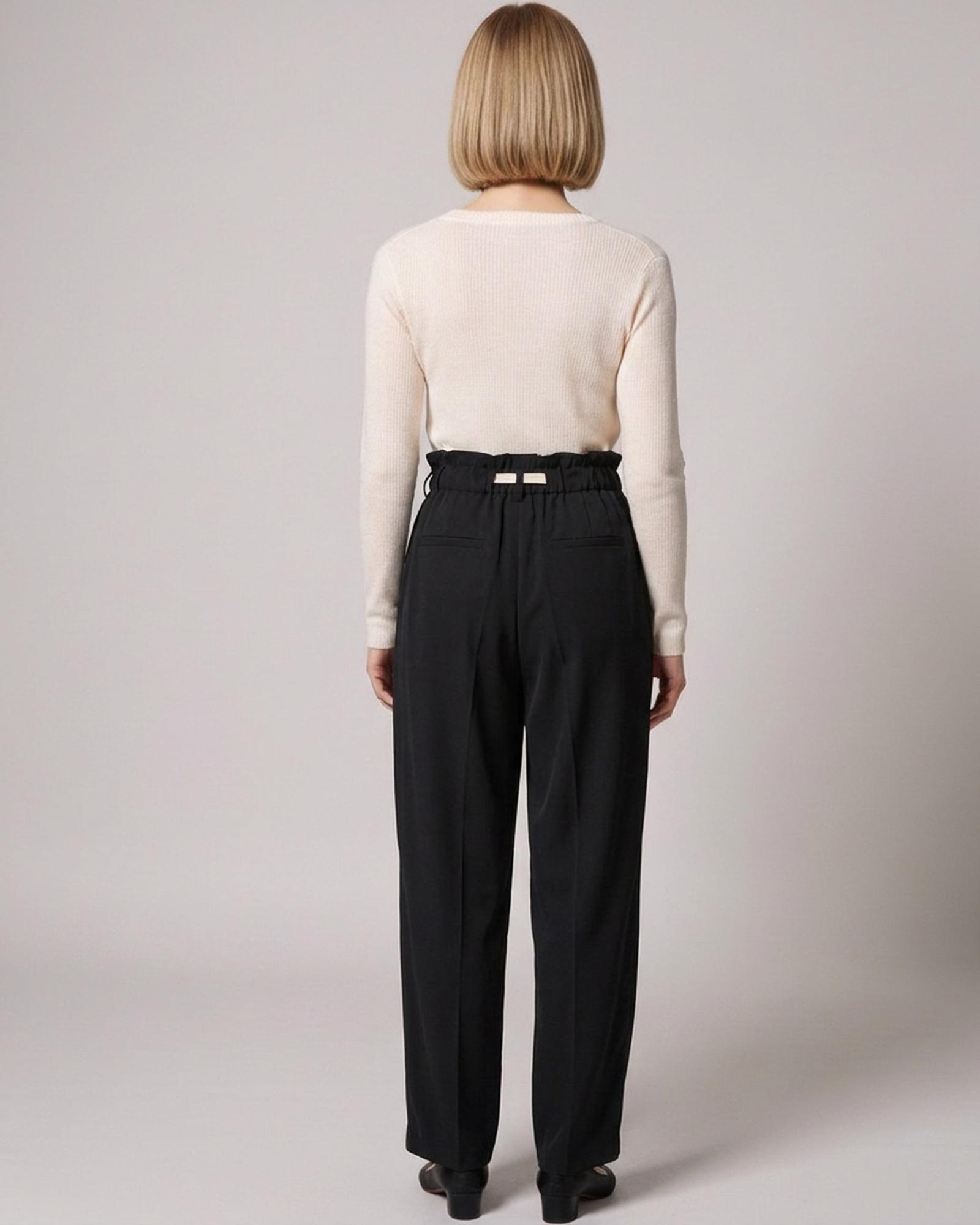 Noortje black pleated paperbag wide-leg trousers — model back view (AI visualisation)