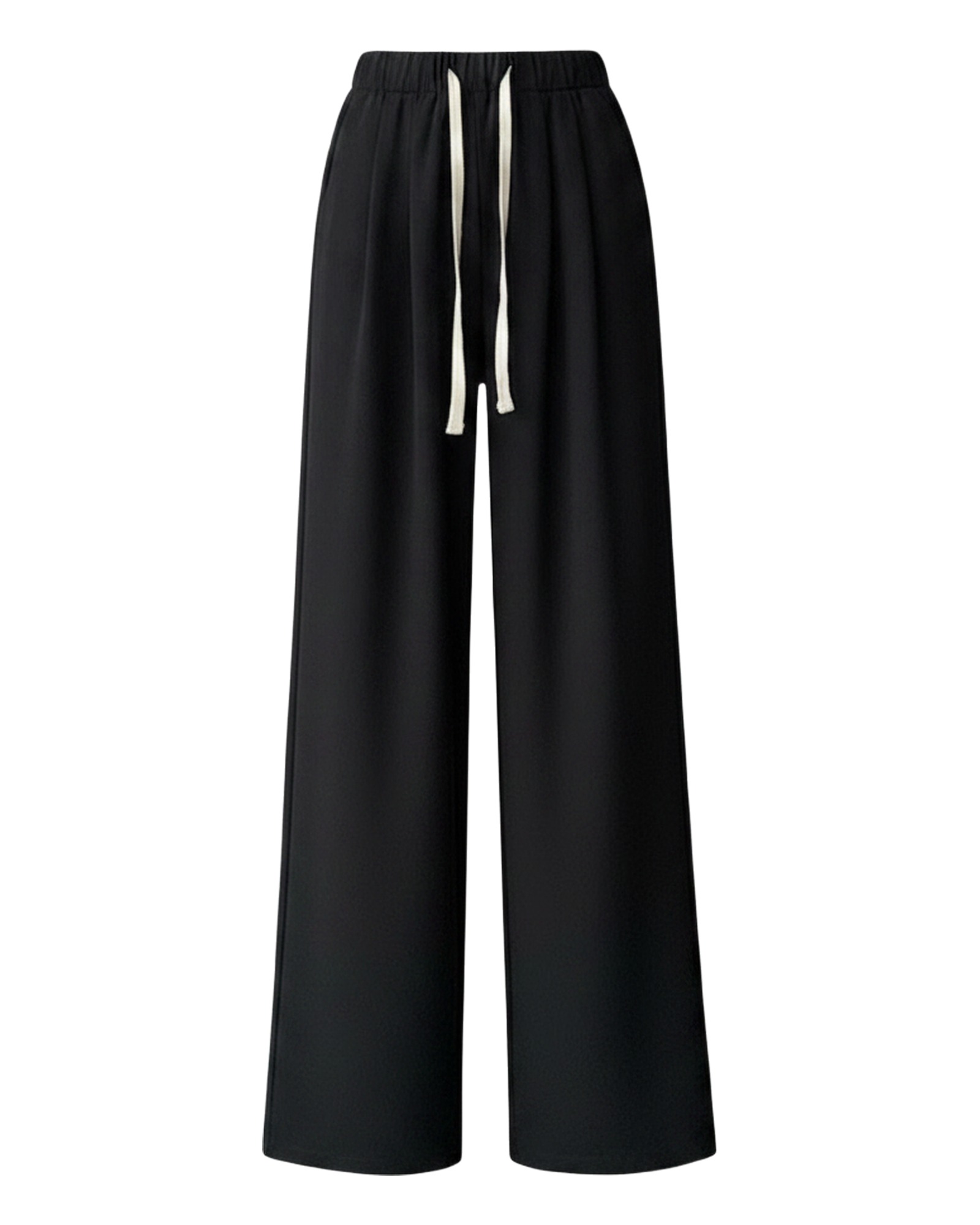 Noortje black pleated paperbag wide-leg trousers, front view (AI visualisation)