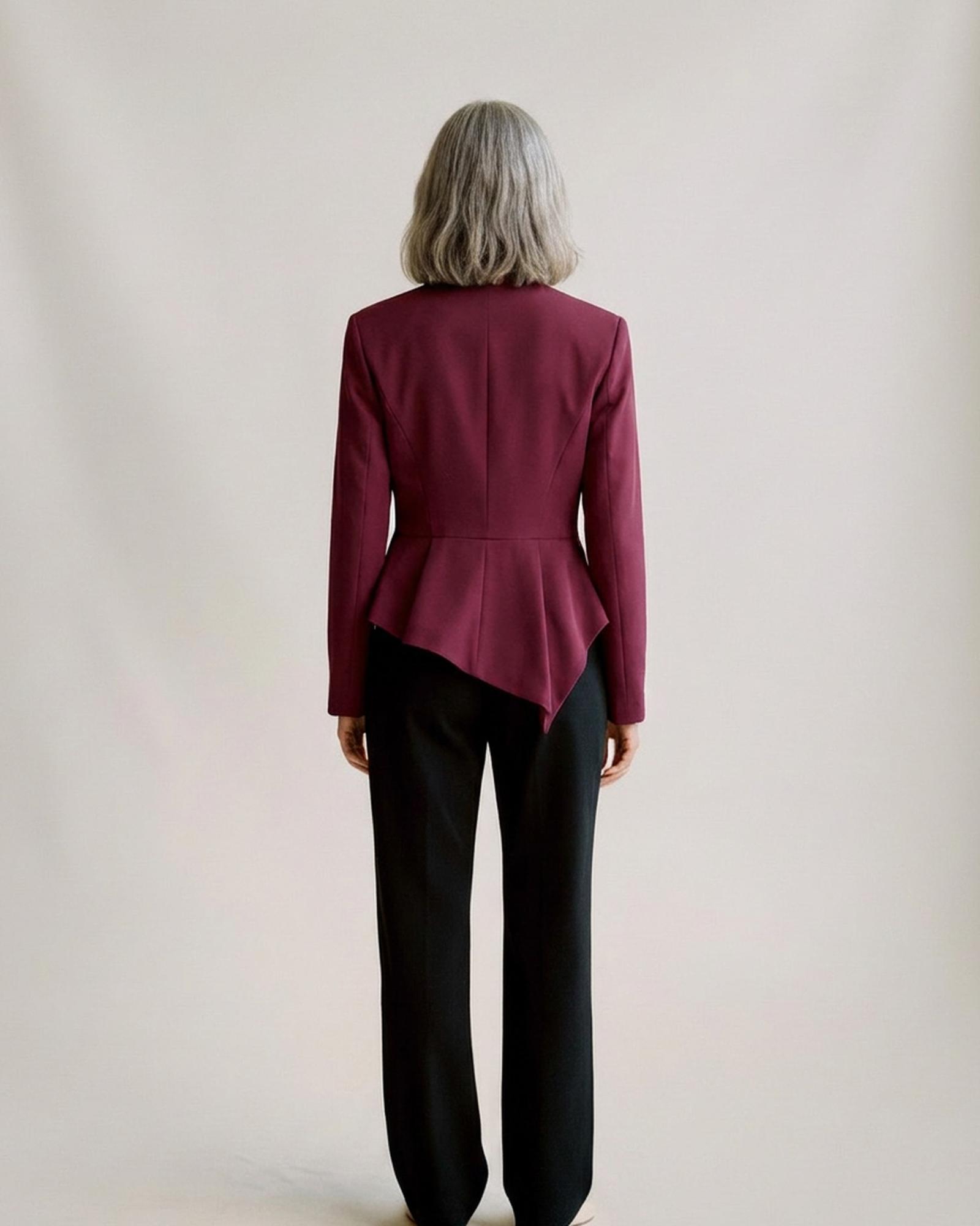 Petronella wine-red slim-fit blazer coat — model back view (AI visualisation)