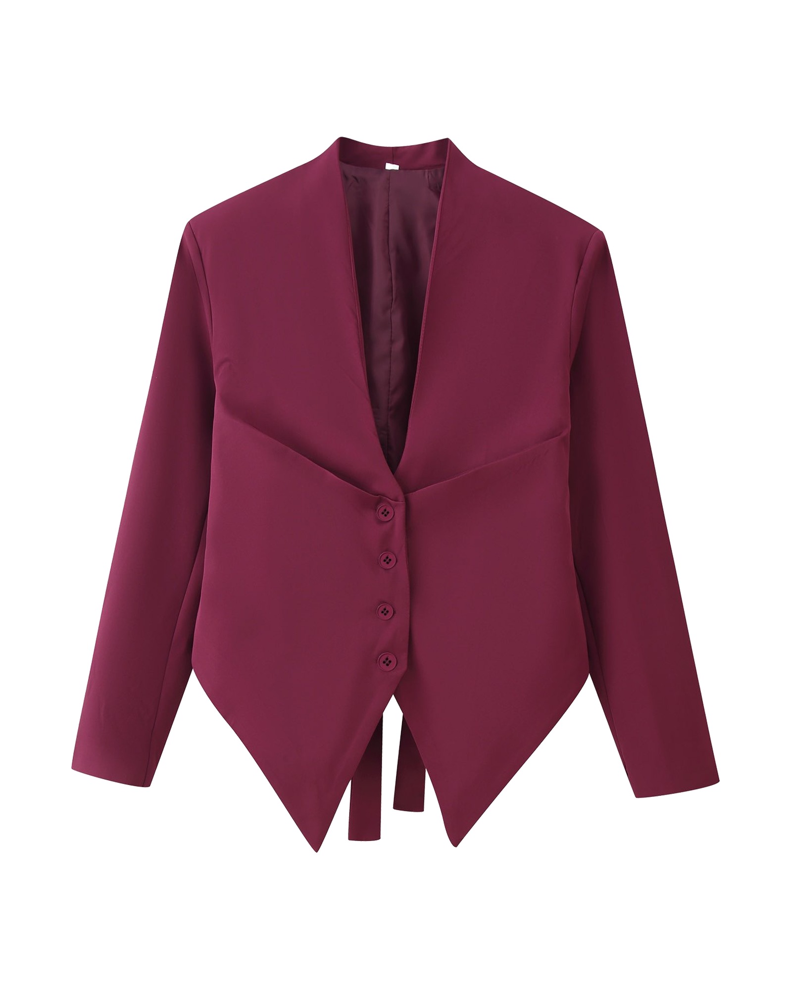 Petronella wine-red slim-fit blazer coat with deep V neckline, front view — product photo
