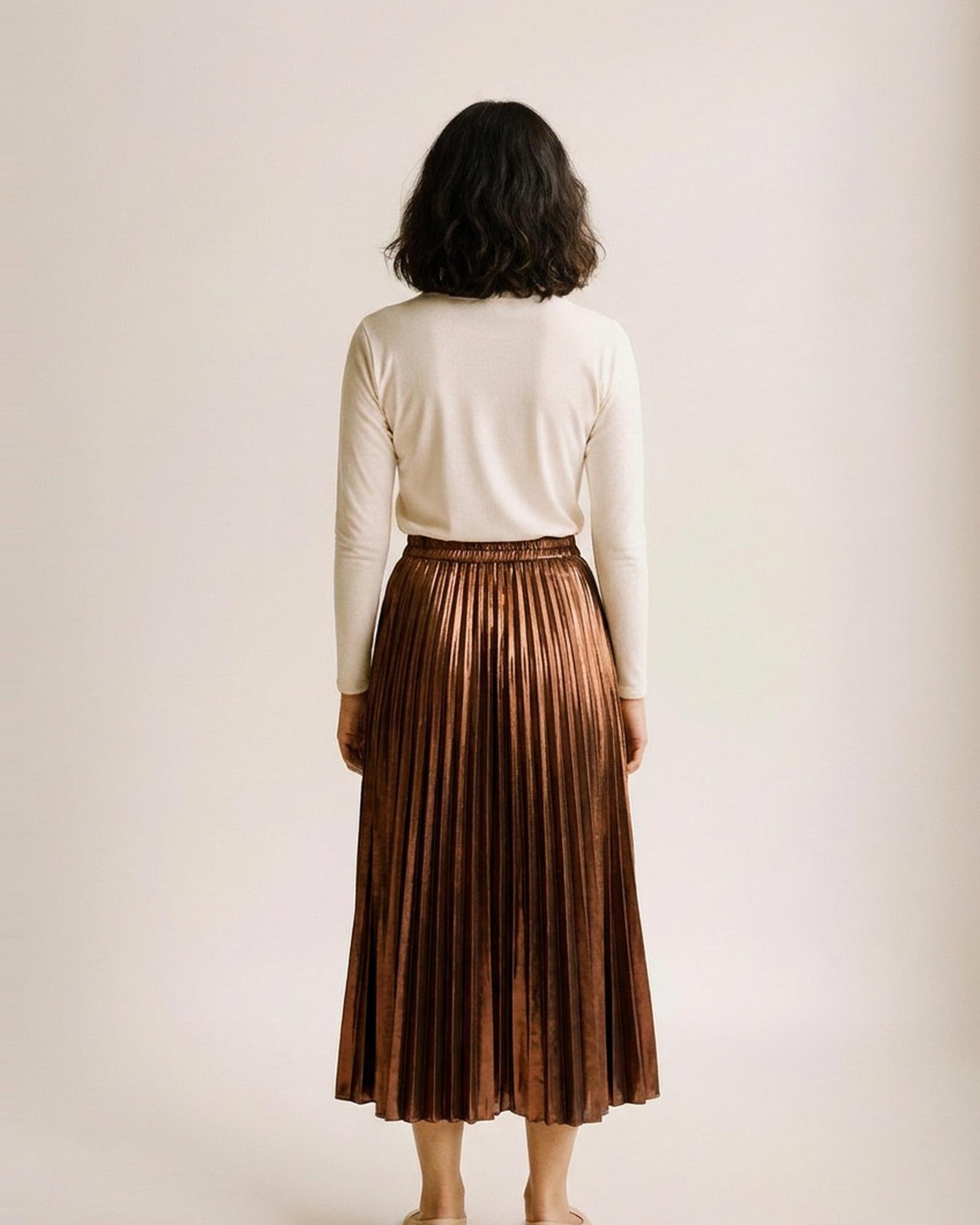 Pien bronze metallic pleated midi skirt — model back view (AI visualisation)