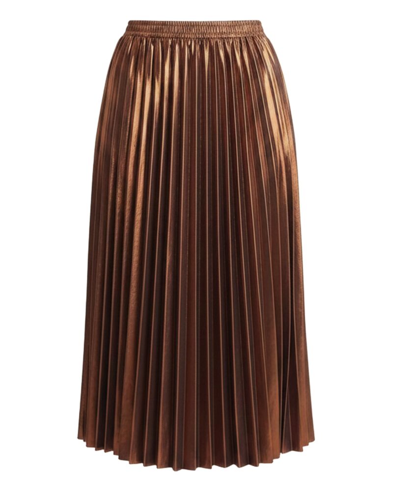 Pien bronze metallic pleated midi skirt, front view (AI visualisation)
