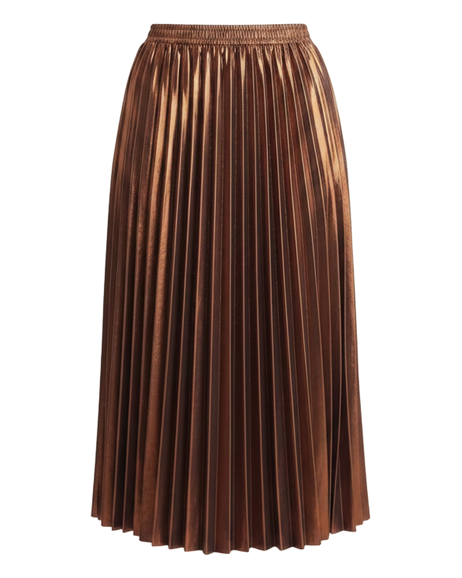 Pien bronze metallic pleated midi skirt, front view (AI visualisation)