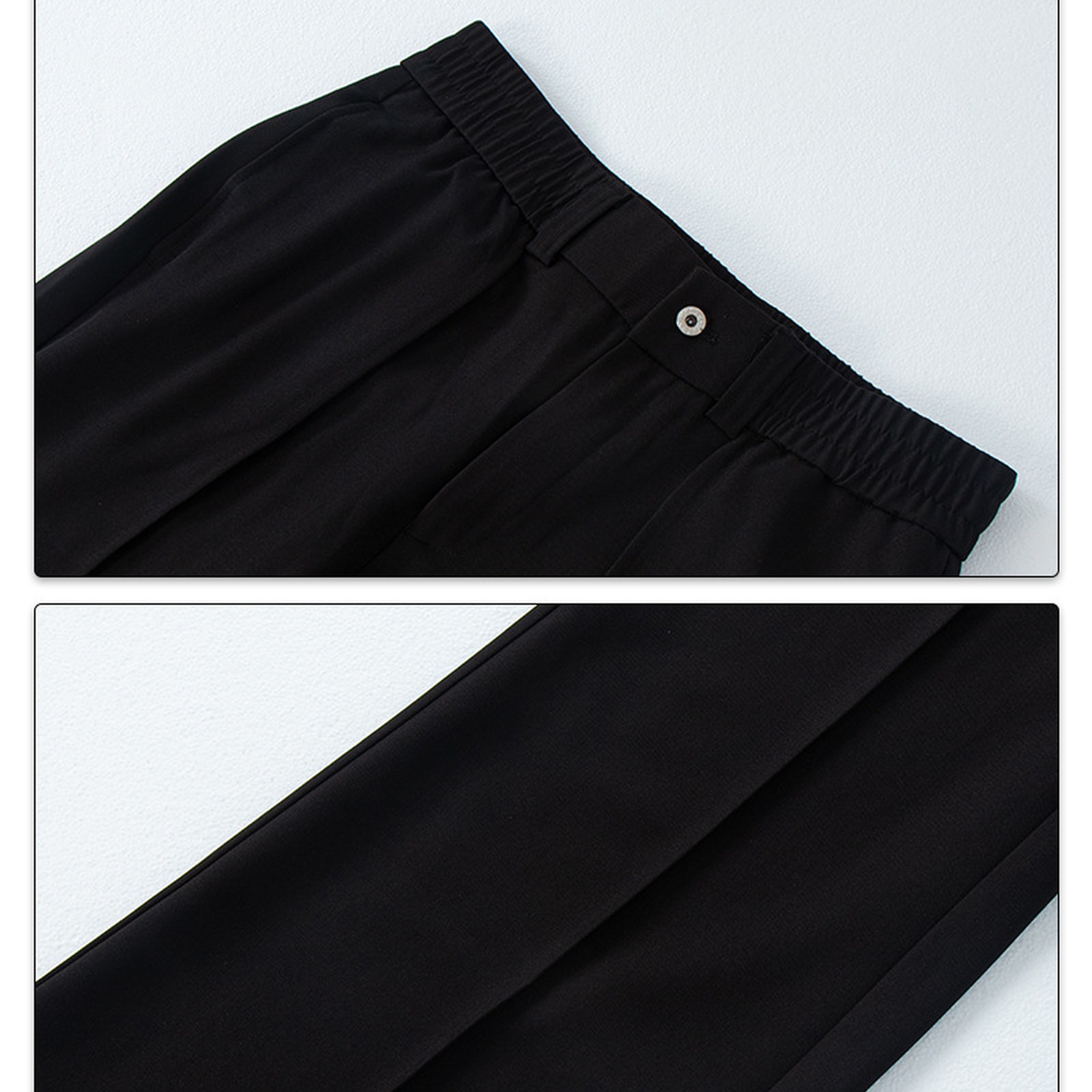 Renske black tailored wide-leg trousers — fabric and waist detail, product photo
