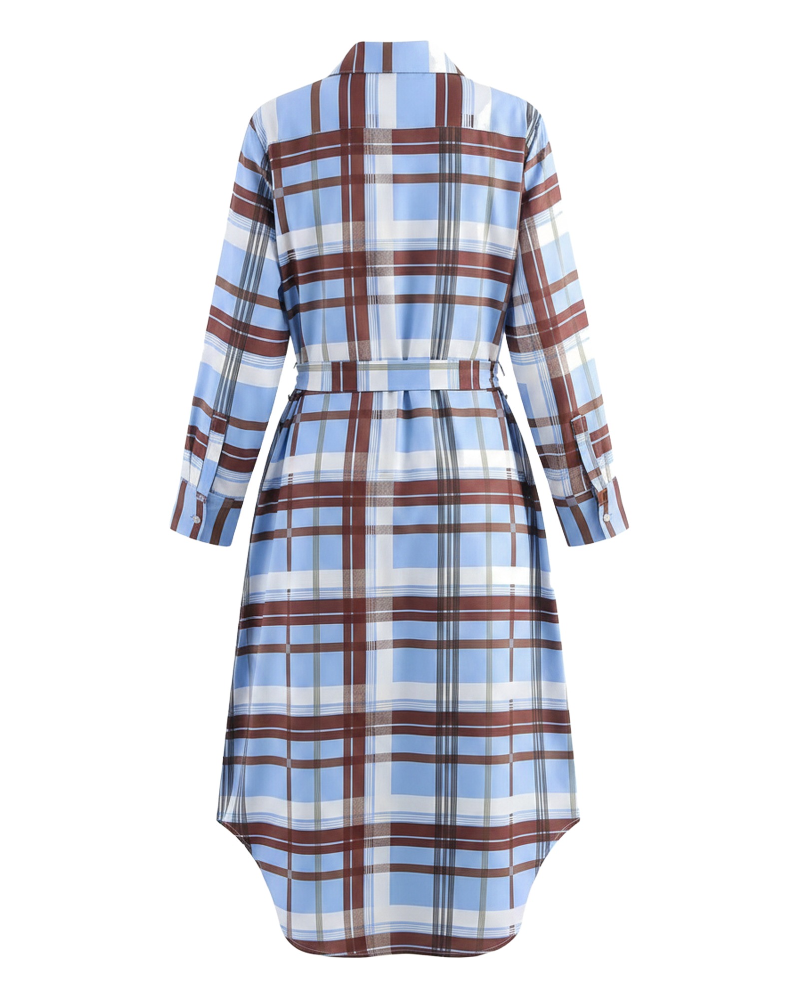 Ria blauw-bruine geruite blousejurk met ceintuur, achterkant (AI-visualisatie)