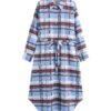 Ria blue and brown checked belted shirt dress, front view — product photo