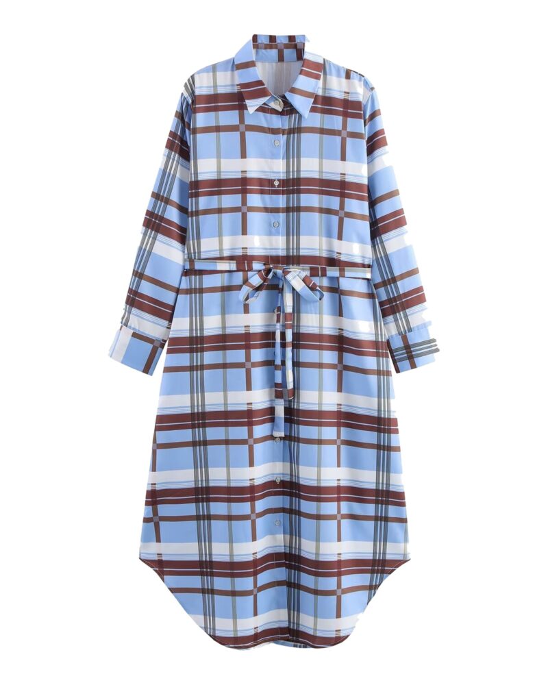 Ria blue and brown checked belted shirt dress, front view — product photo