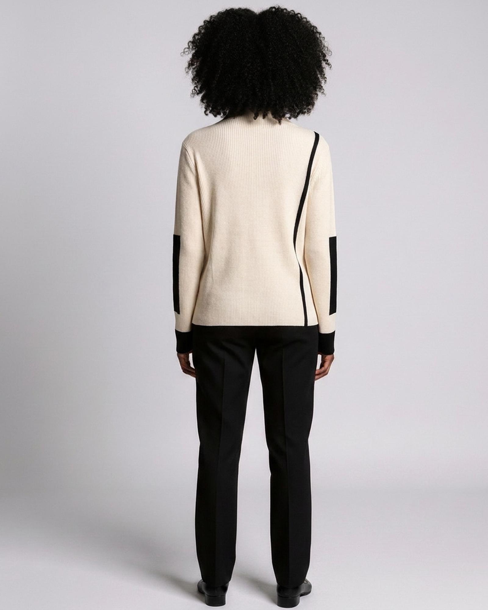 Rie ribbed high-neck jumper — model back view (AI visualisation)