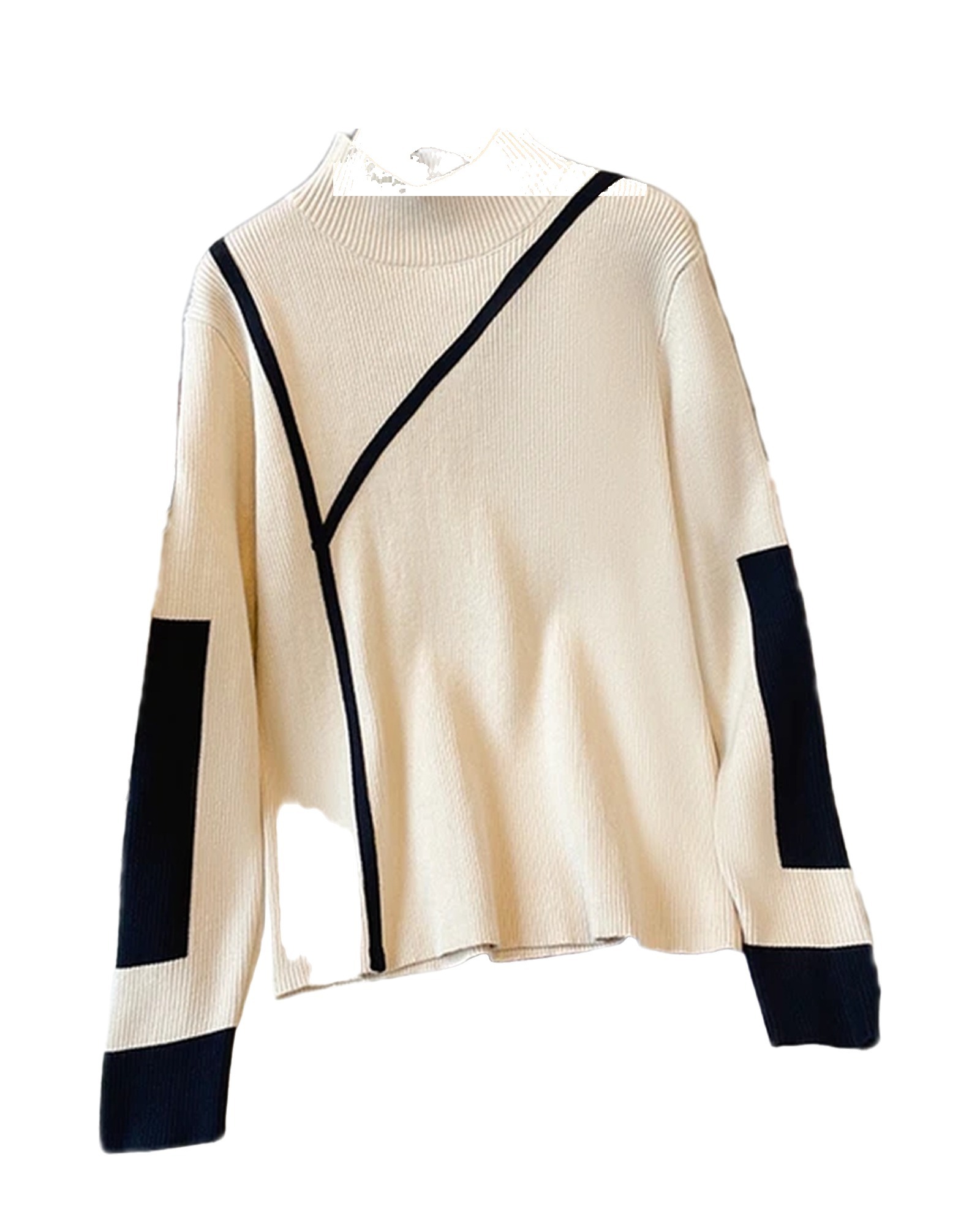 Rie cream ribbed mock-neck knit sweater with diagonal navy trim, front view — product photo