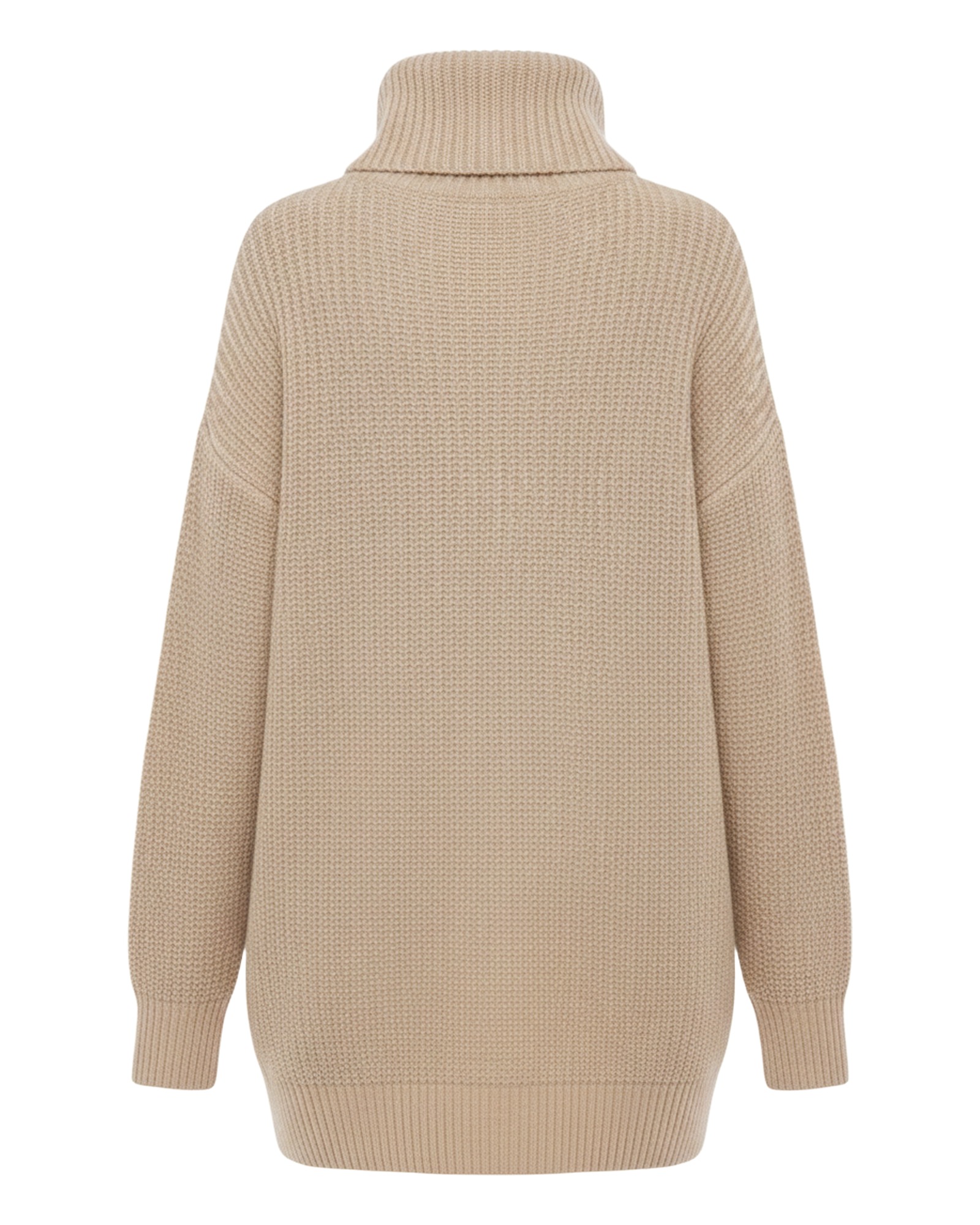 Riet cream chunky turtleneck knit sweater dress, back view (AI visualisation)