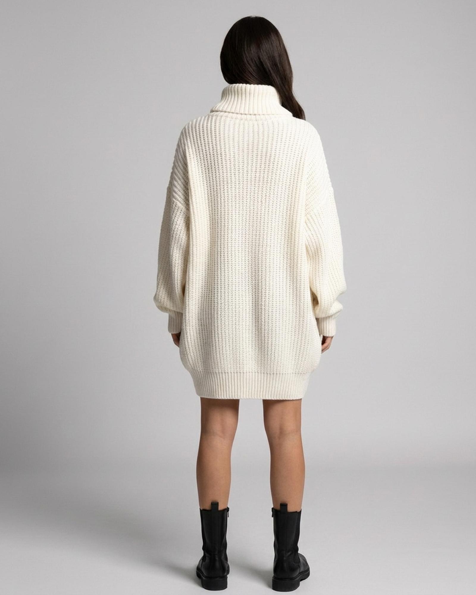 Riet cream chunky turtleneck knit sweater dress — model back view (AI visualisation)