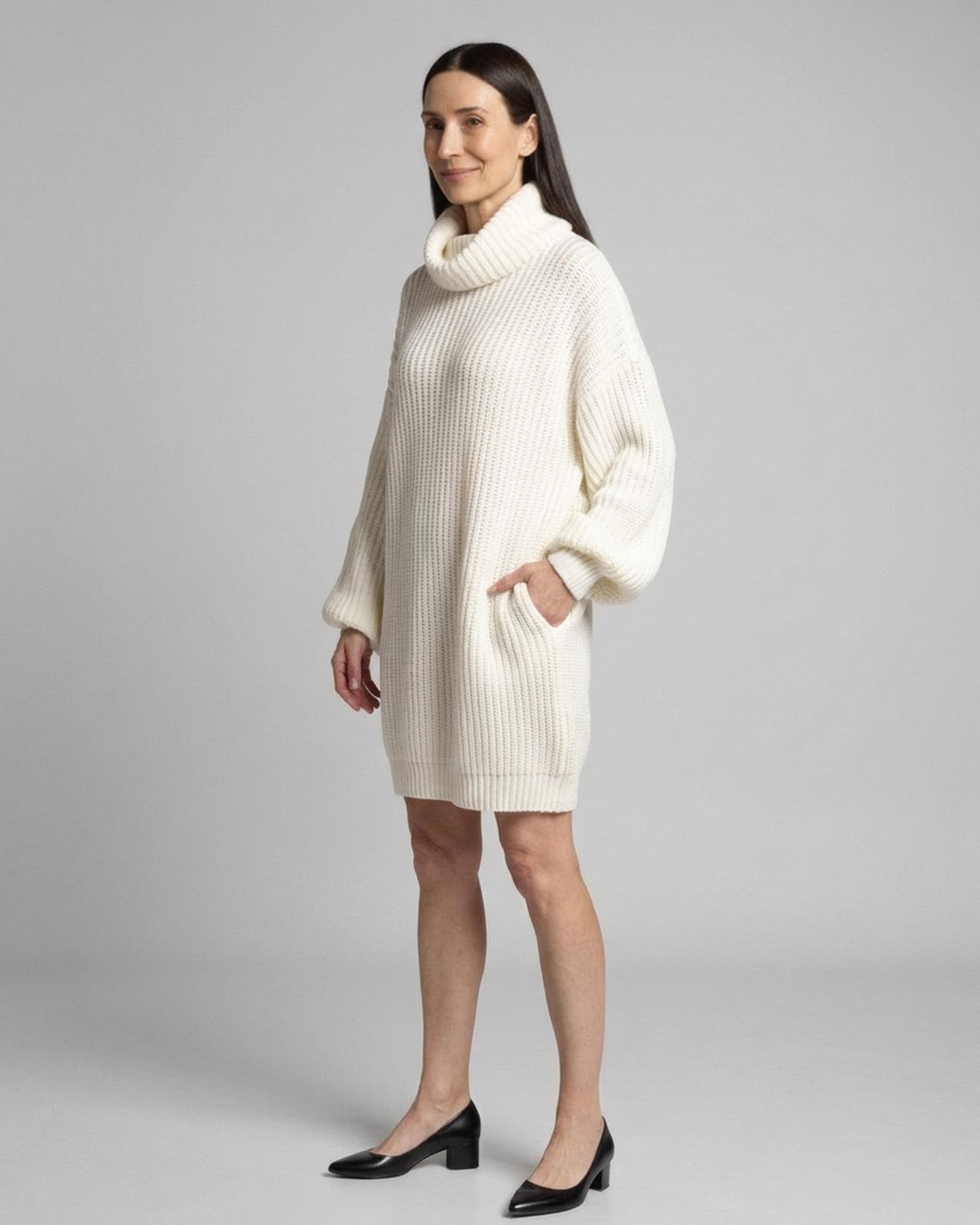 Riet cream chunky knit turtleneck sweater dress, three-quarter view (AI visualisation)
